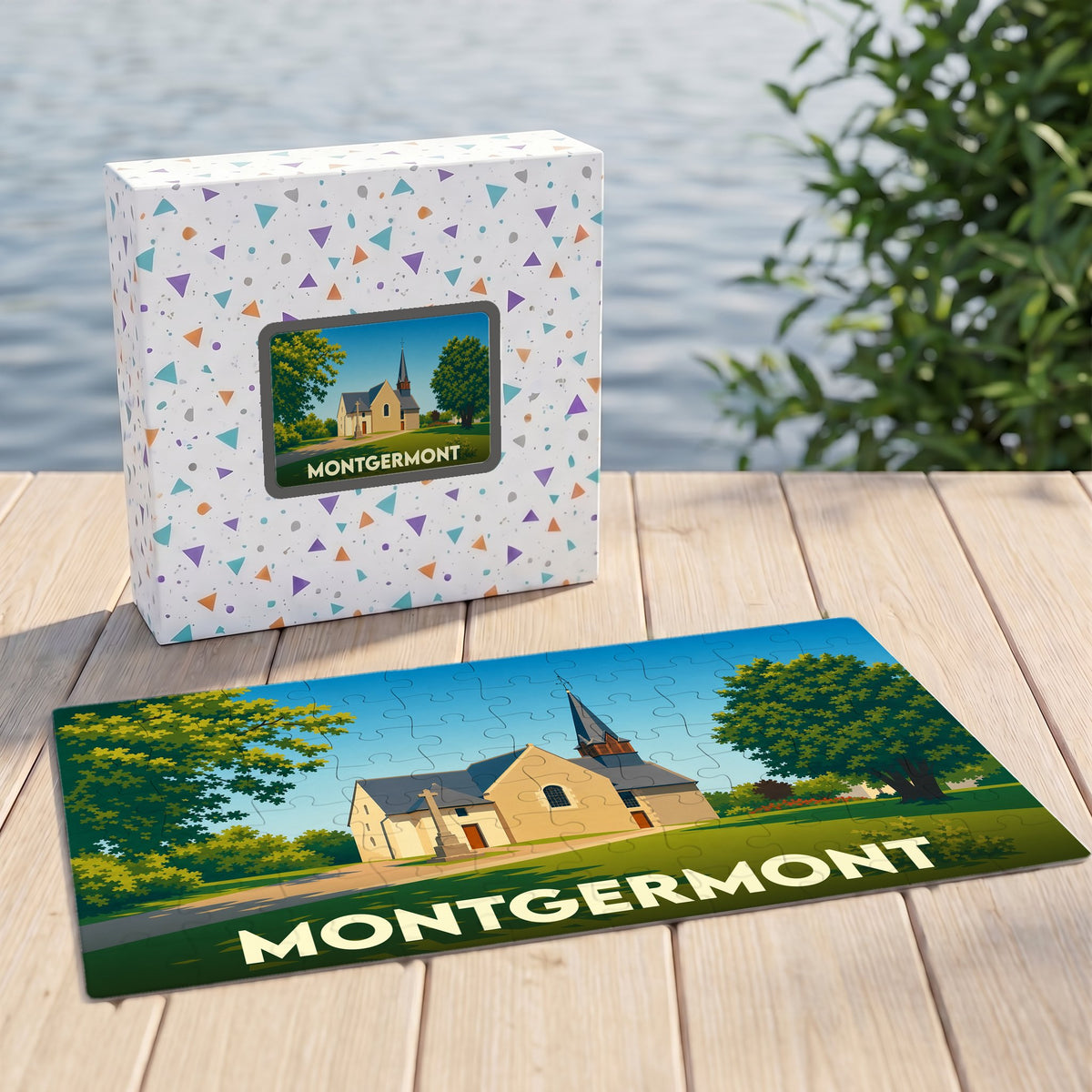 Puzzle souvenir de la ville de Montgermont avec une illustration stylisée d'une église.