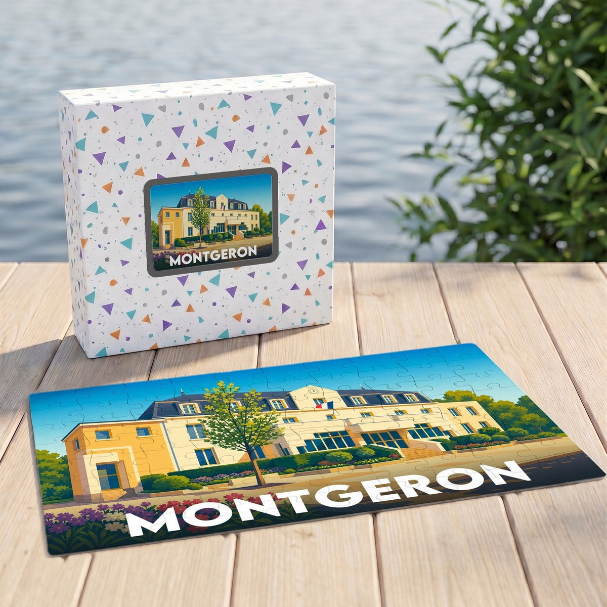Puzzle souvenir de la ville de Montgeron présentant une illustration stylisée de son hôtel de ville.