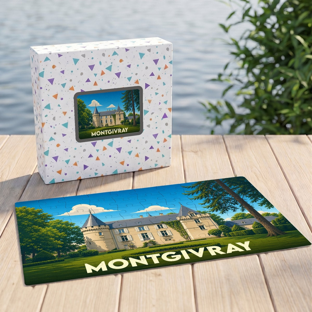 Puzzle souvenir de la ville de Montgivray avec une illustration stylisée d'un château.