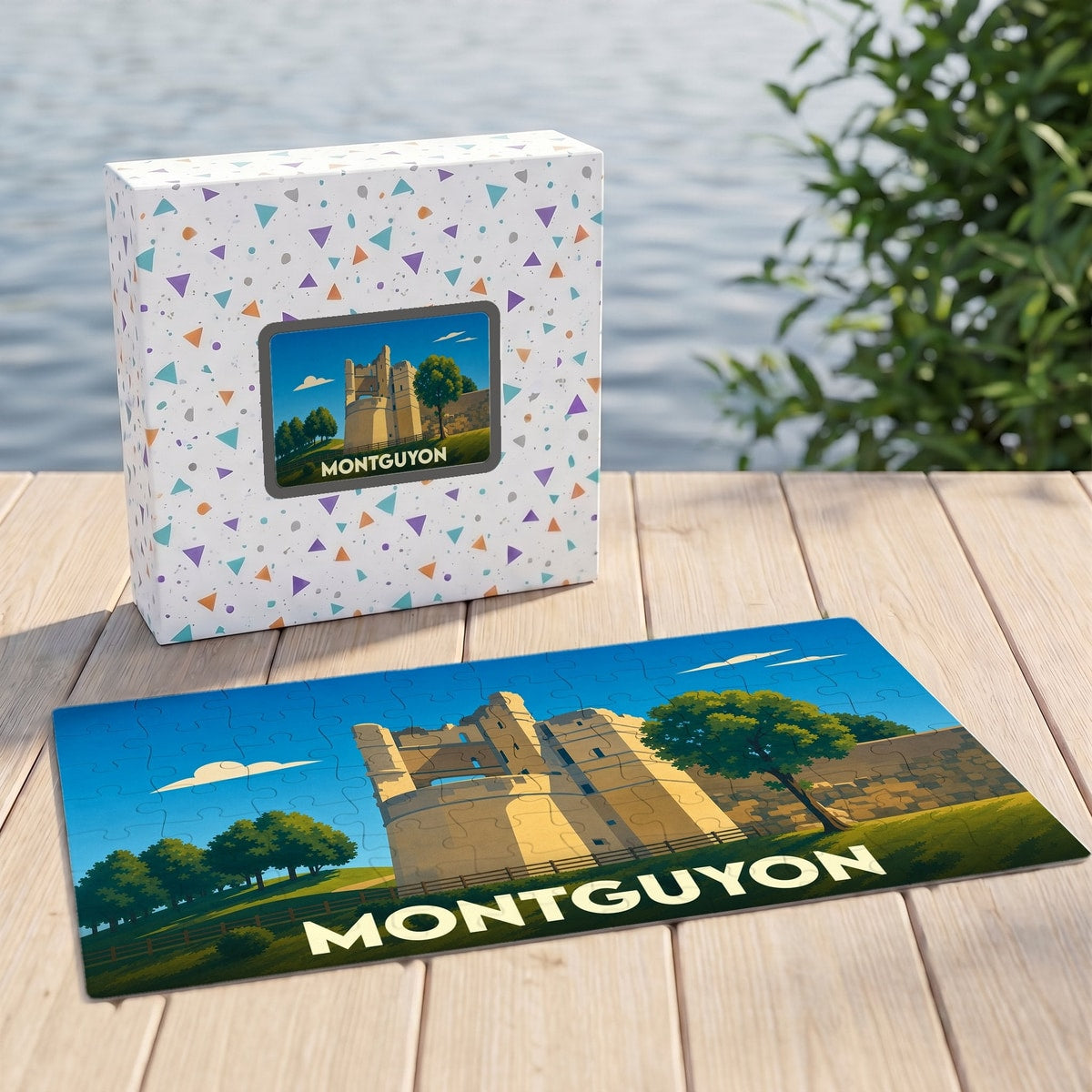 Puzzle souvenir de la ville de Montguyon avec une illustration stylisée de son château médiéval.