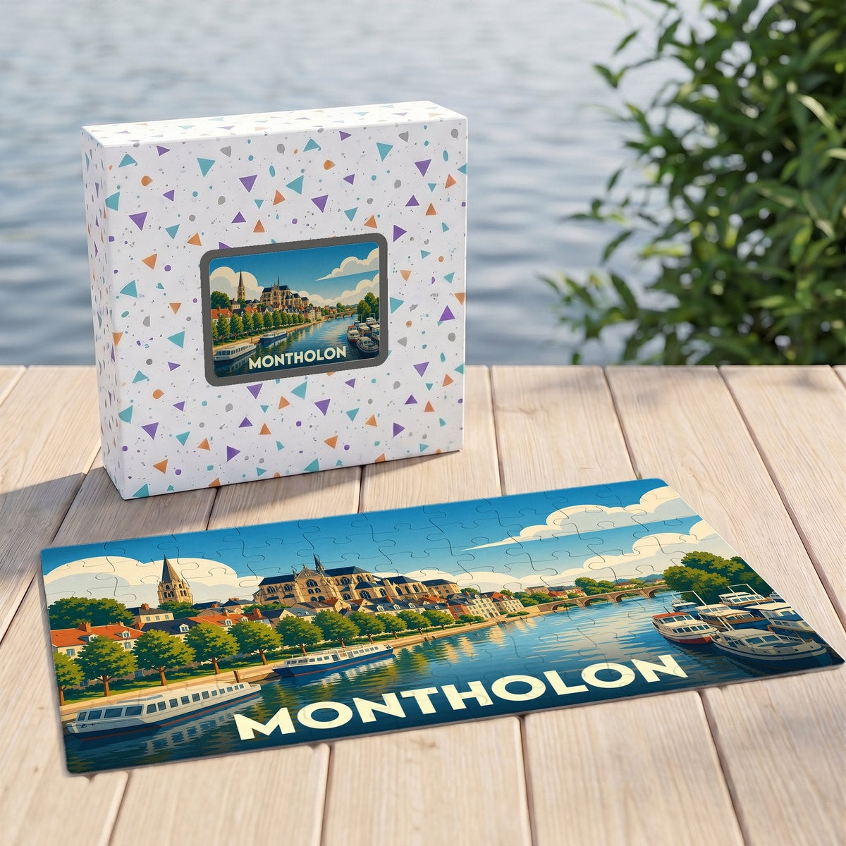 Puzzle souvenir de la ville de Montholon avec une illustration stylisée d'un paysage fluvial.