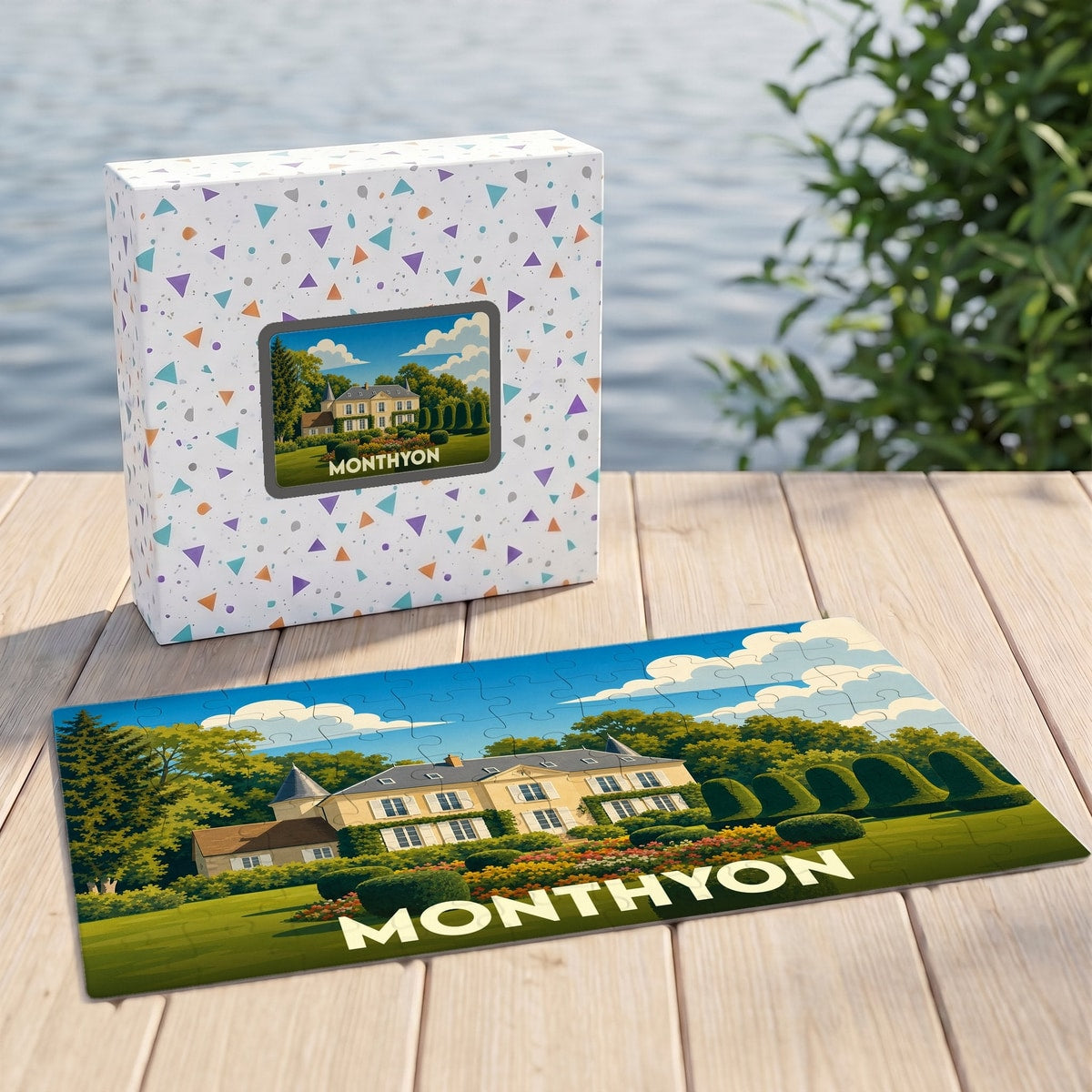 Puzzle souvenir de la ville de Monthyon avec une illustration colorée de son paysage.