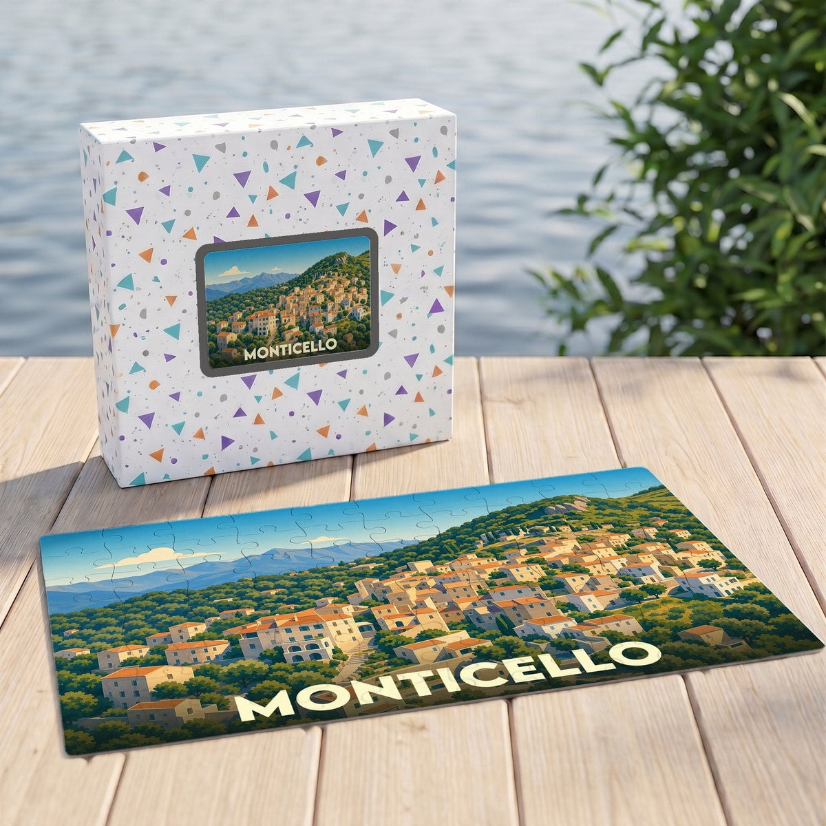 Puzzle souvenir de la ville de Monticello avec une illustration stylisée d'un village corse en bord de mer.