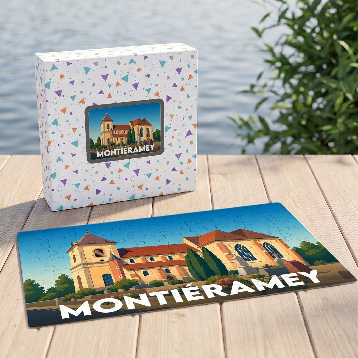 Puzzle souvenir de la ville de Montiéramey représentant son église dans un style illustré.