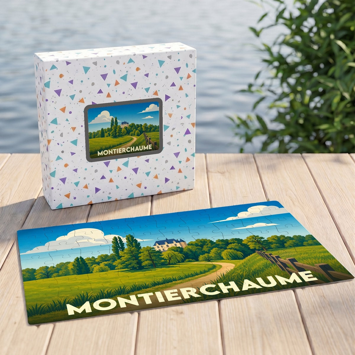 Puzzle souvenir de la ville de Montierchaume avec une illustration de paysage champêtre.
