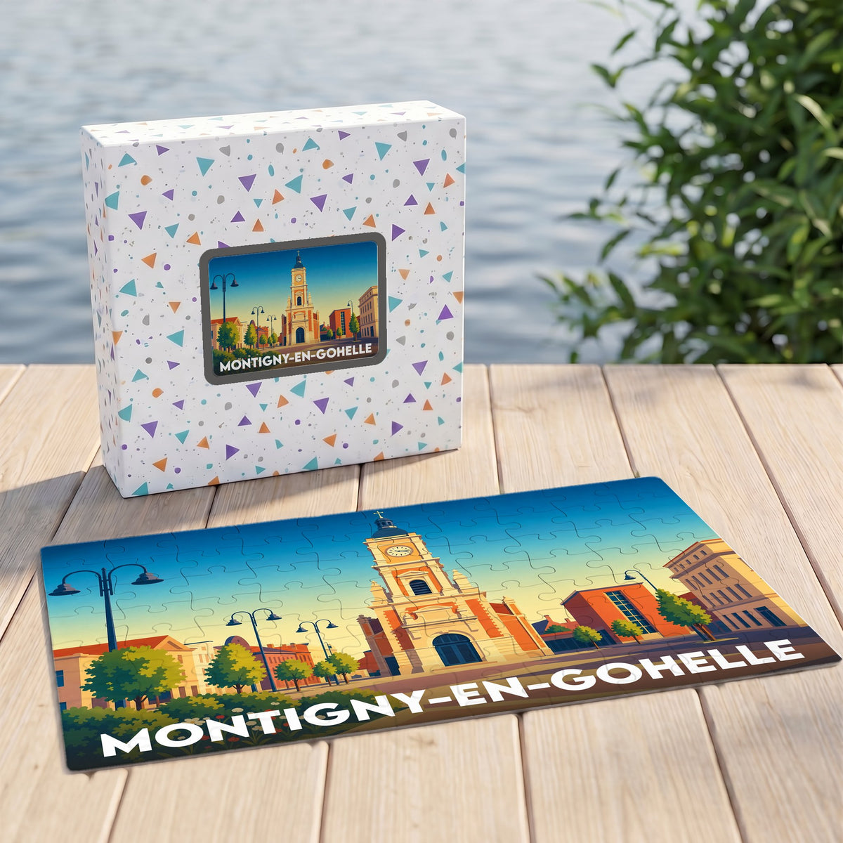 Puzzle souvenir de la ville de Montigny-en-Gohelle avec une illustration stylisée de son église.