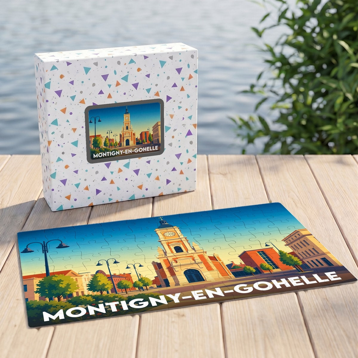 Puzzle souvenir de la ville de Montigny-en-Gohelle avec une illustration stylisée de son église.