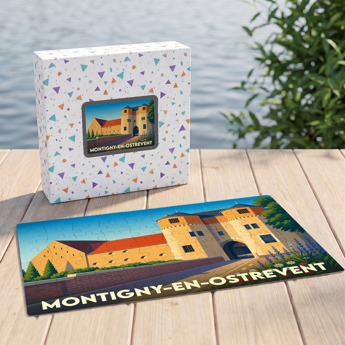 Puzzle souvenir de la ville de Montigny-en-Ostrevent avec une illustration stylisée d'un château médiéval.