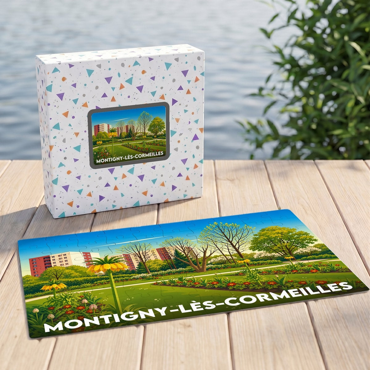Puzzle souvenir de la ville de Montigny-lès-Cormeilles avec une illustration stylisée d'un parc fleuri.