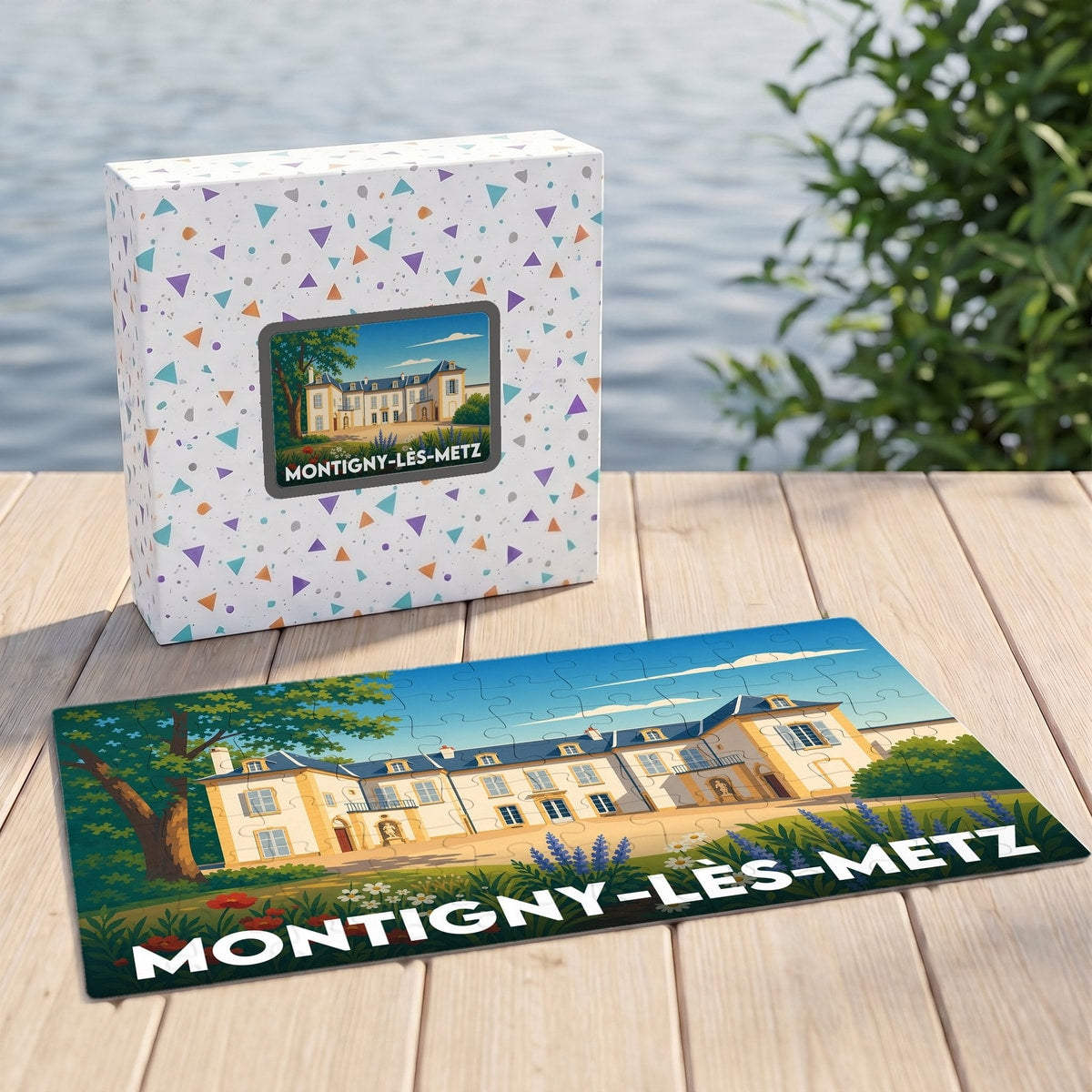 Puzzle souvenir de la ville de Montigny-lès-Metz avec une illustration stylisée d'un château.
