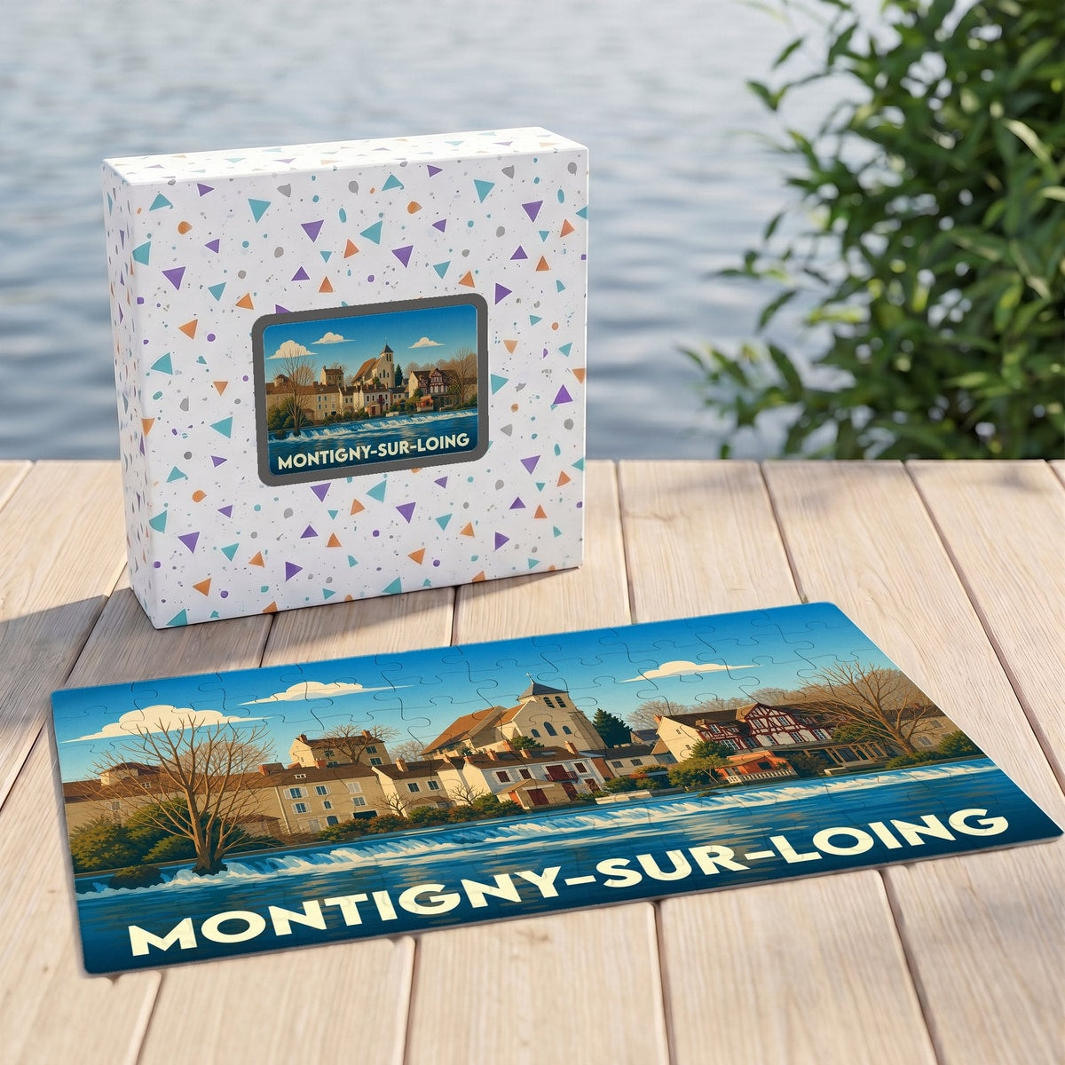 Puzzle souvenir de la ville de Montigny-sur-Loing représentant une illustration stylisée de ses bords de rivière.