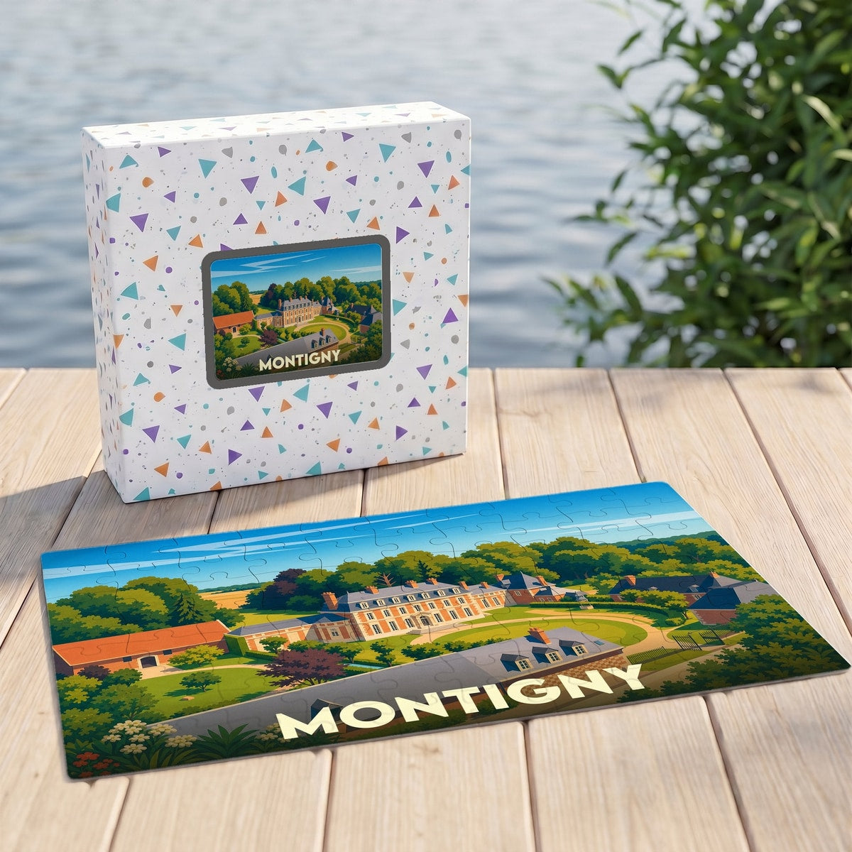 Puzzle souvenir de la ville de Montigny avec une illustration stylisée d'un domaine historique.