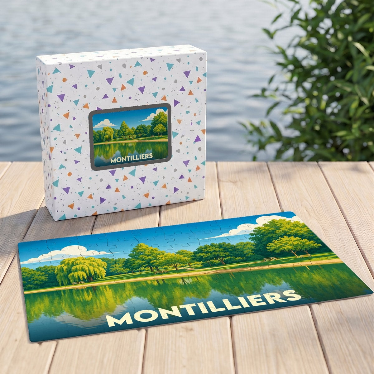 Puzzle souvenir de la ville de Montilliers avec une illustration stylisée de son paysage verdoyant au bord de l'eau.