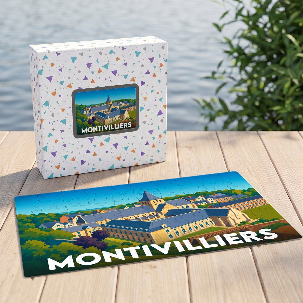 Puzzle souvenir de la ville de Montivilliers présentant une illustration stylisée de son abbaye dans sa boîte assortie.
