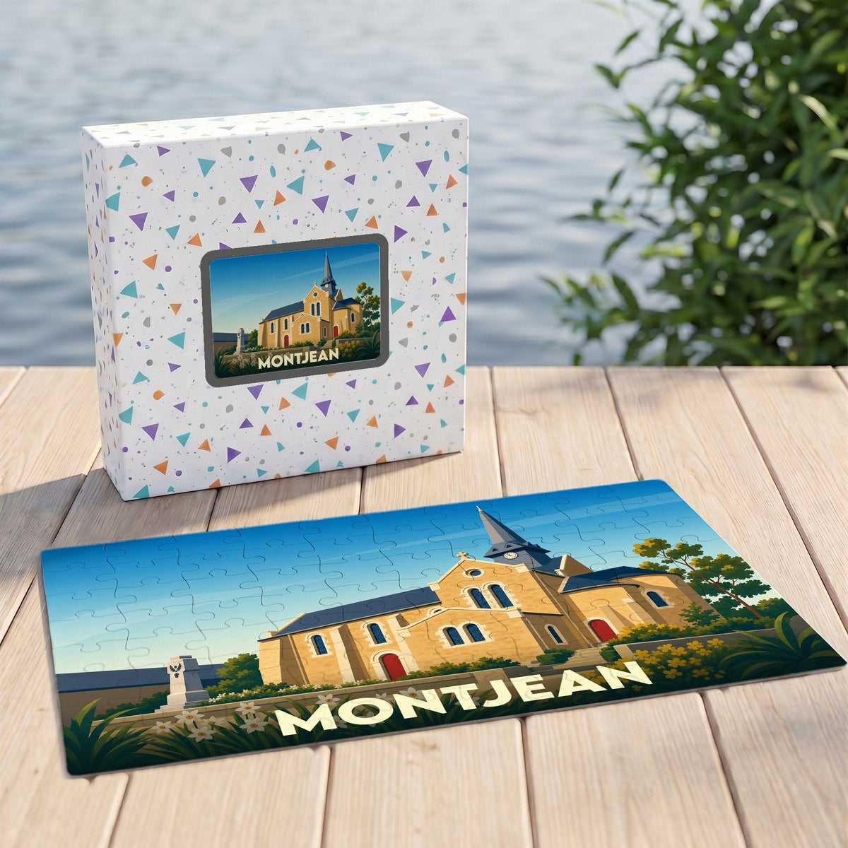 Puzzle souvenir de la ville de Montjean avec une illustration stylisée de son église.
