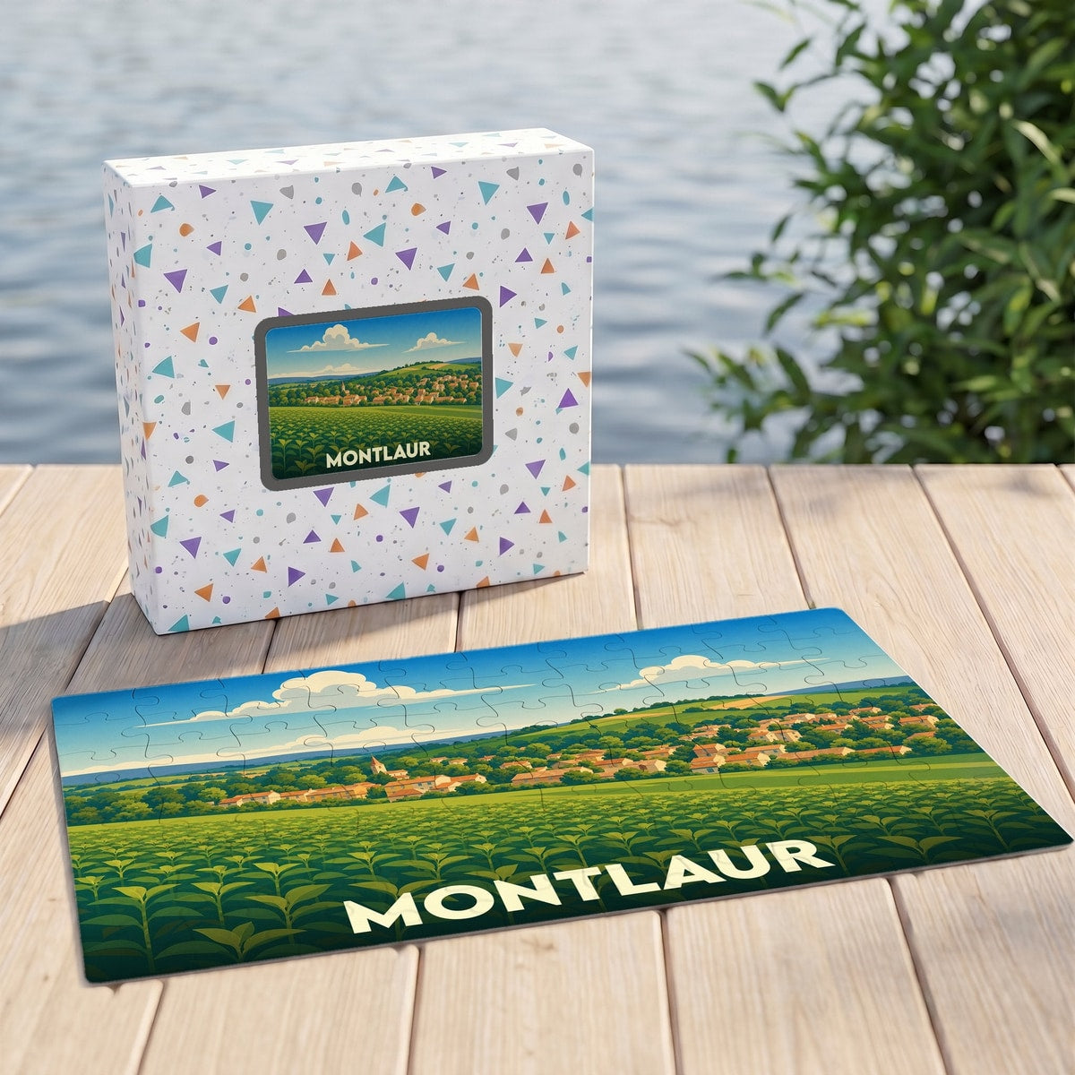 Puzzle souvenir de la ville de Montlaur avec une illustration champêtre stylisée.