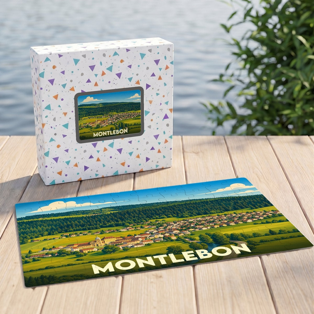 Puzzle souvenir de la ville de Montlebon avec une illustration stylisée d'un paysage de campagne.