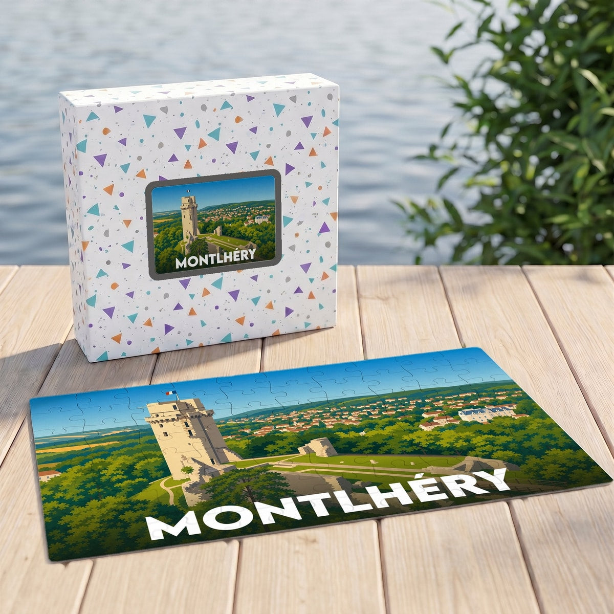 Puzzle souvenir de la ville de Montlhéry avec une illustration stylisée de sa tour médiévale.