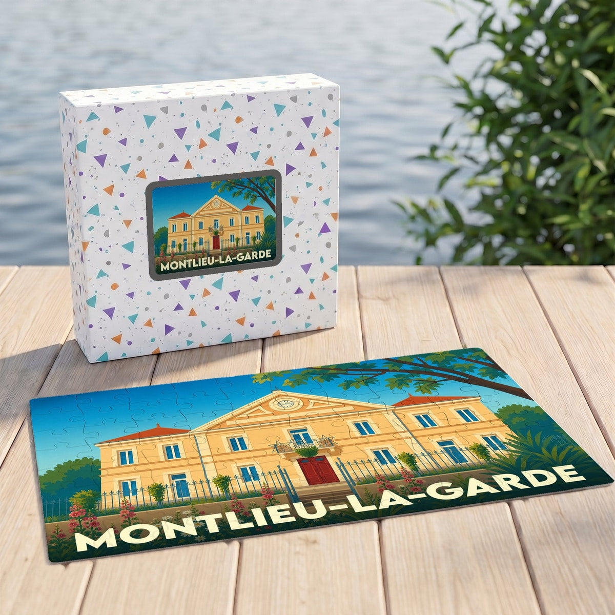 Puzzle souvenir de la ville de Montlieu-la-Garde avec une illustration stylisée de sa mairie.