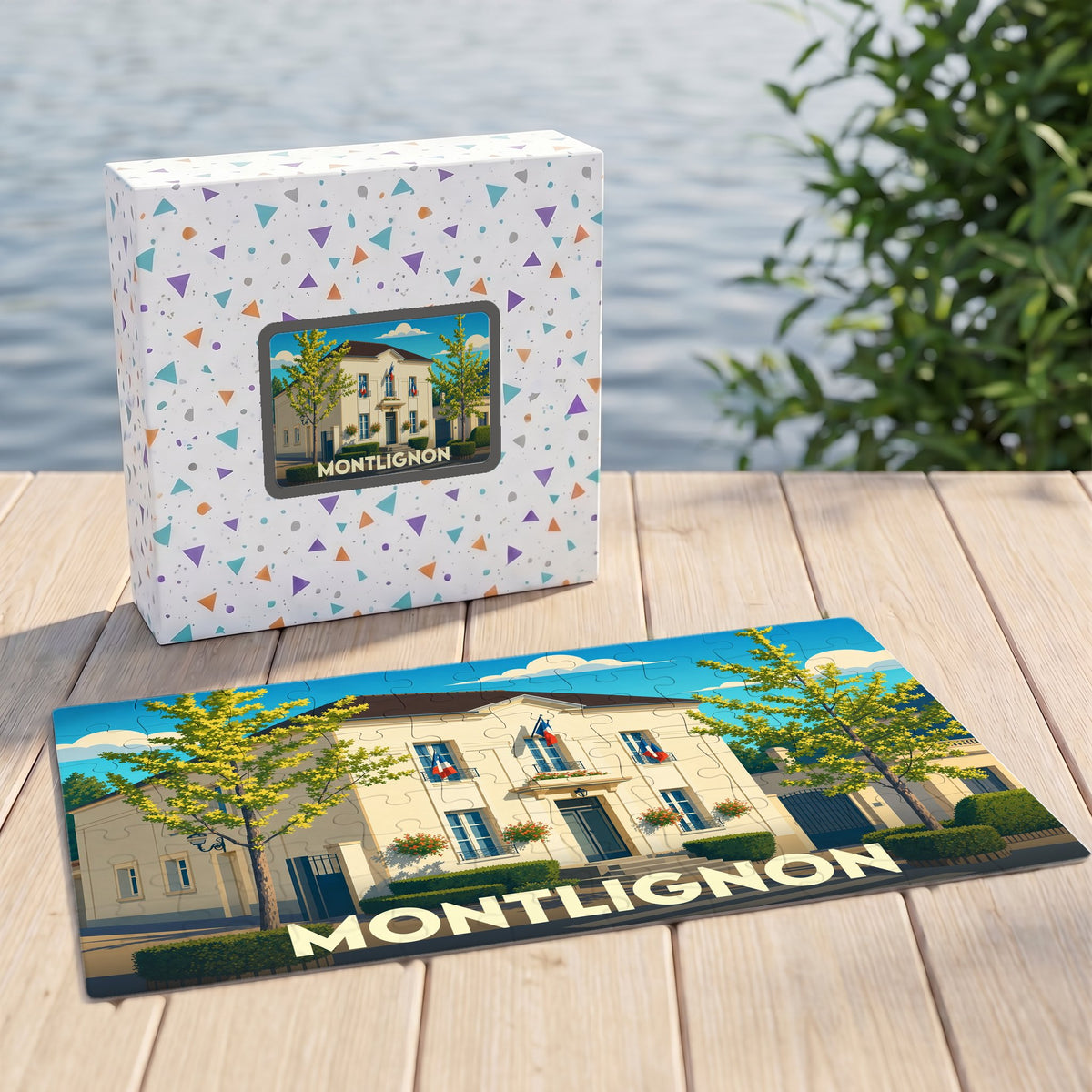 Puzzle souvenir de la ville de Montlignon avec une illustration colorée et stylisée de sa mairie.