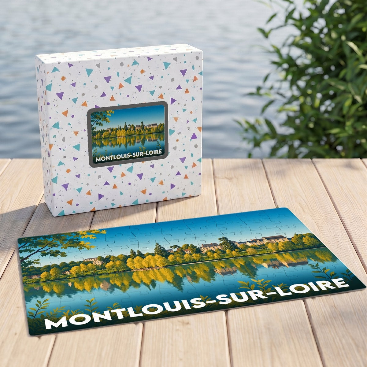 Puzzle souvenir de la ville de Montlouis-sur-Loire avec une illustration stylisée d'un paysage fluvial.