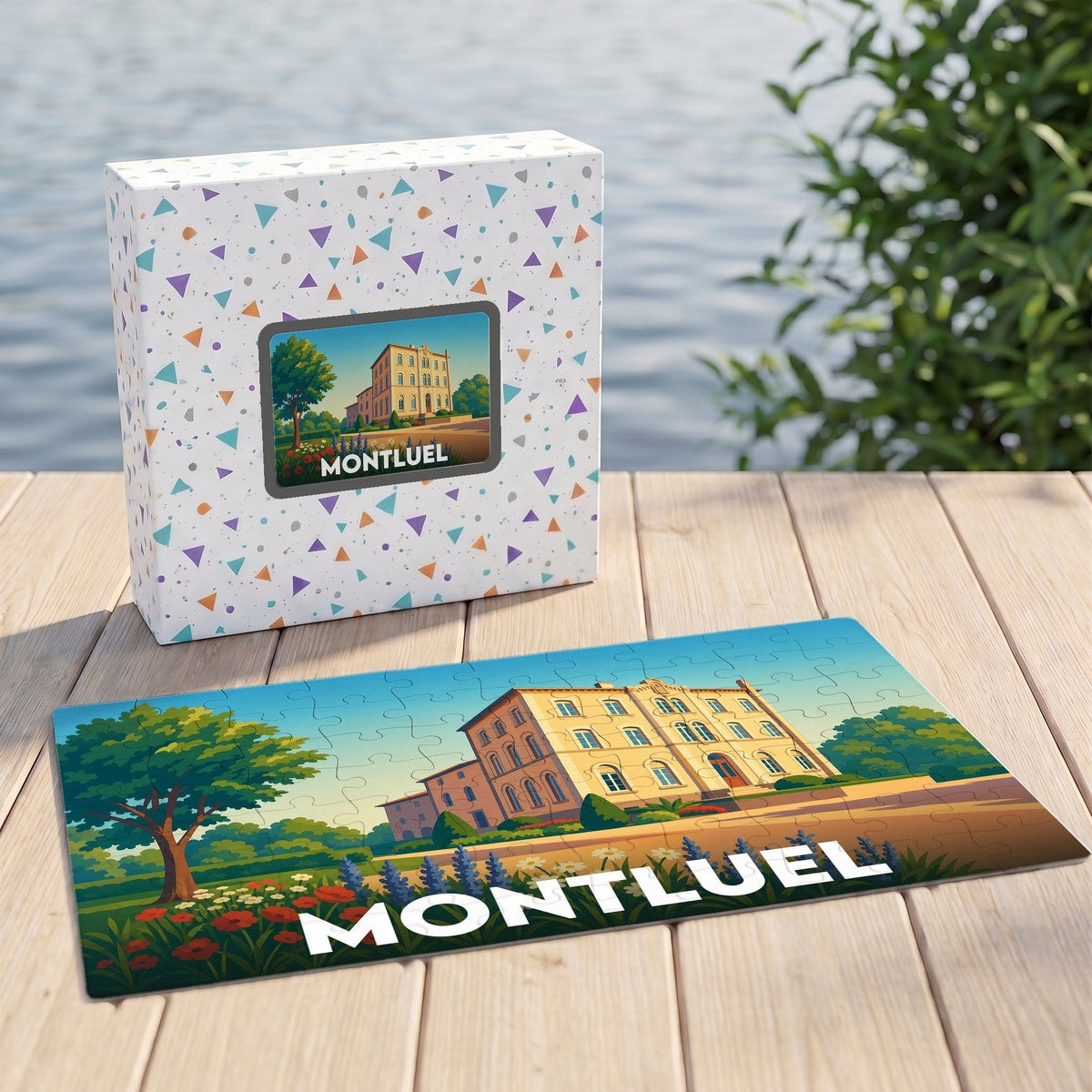 Puzzle souvenir de la ville de Montluel avec une illustration colorée et stylisée de son architecture.