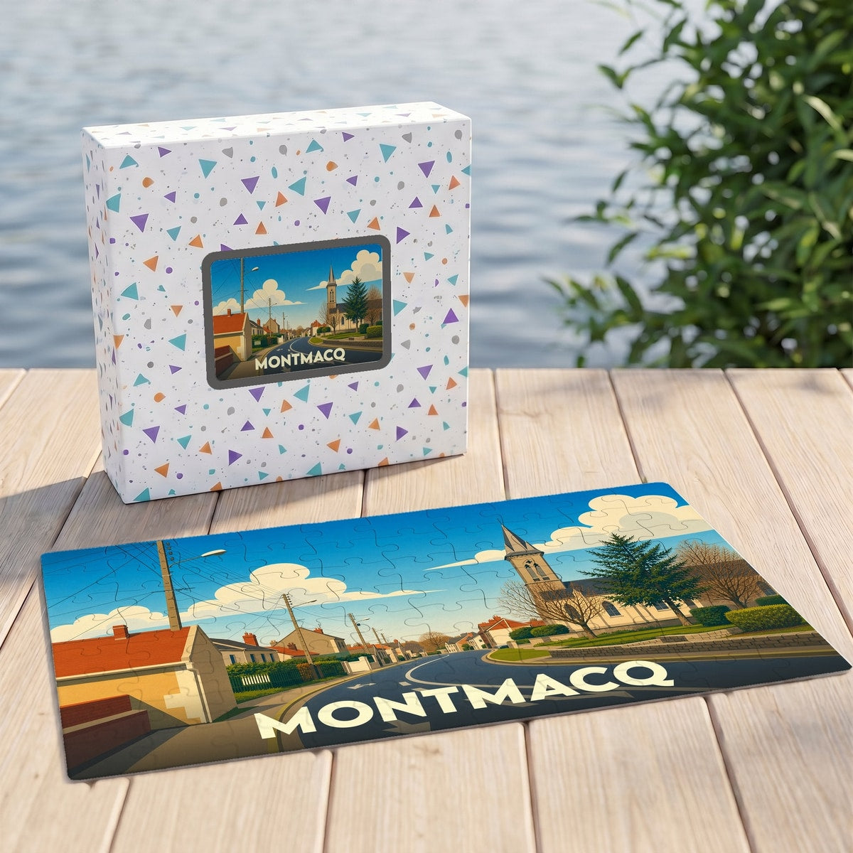 Puzzle souvenir de la ville de Montmacq présentant une illustration stylisée et colorée de ses rues et de son église.