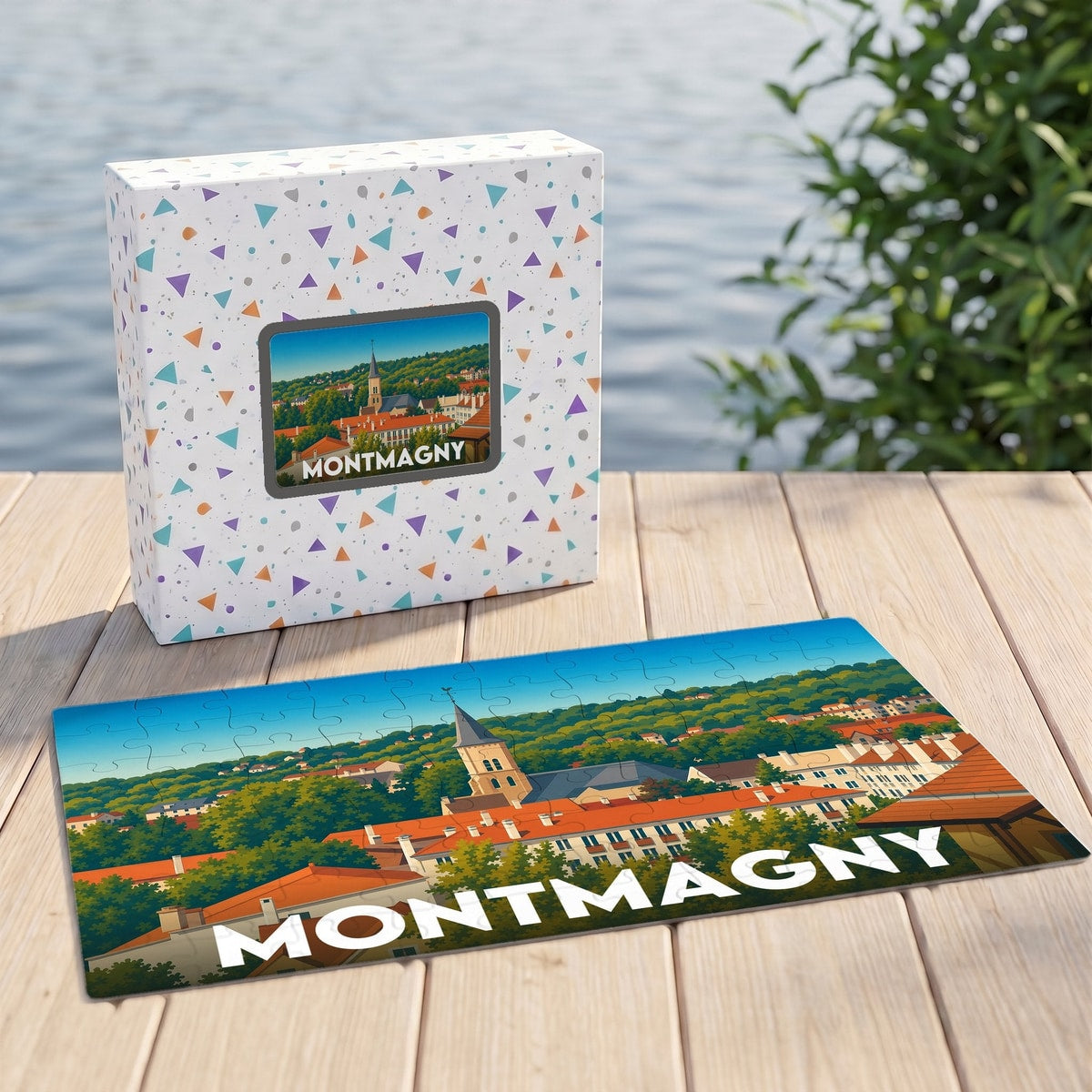 Puzzle souvenir de la ville de Montmagny avec une illustration colorée et son emballage assorti.