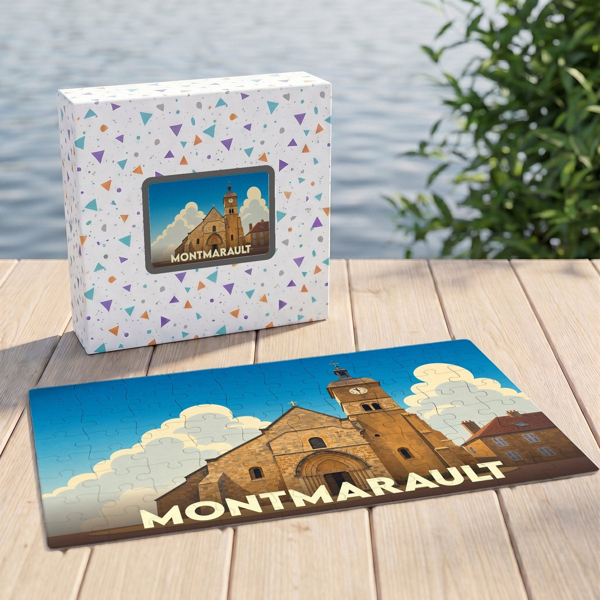Puzzle souvenir de la ville de Montmarault avec une illustration stylisée de son église.