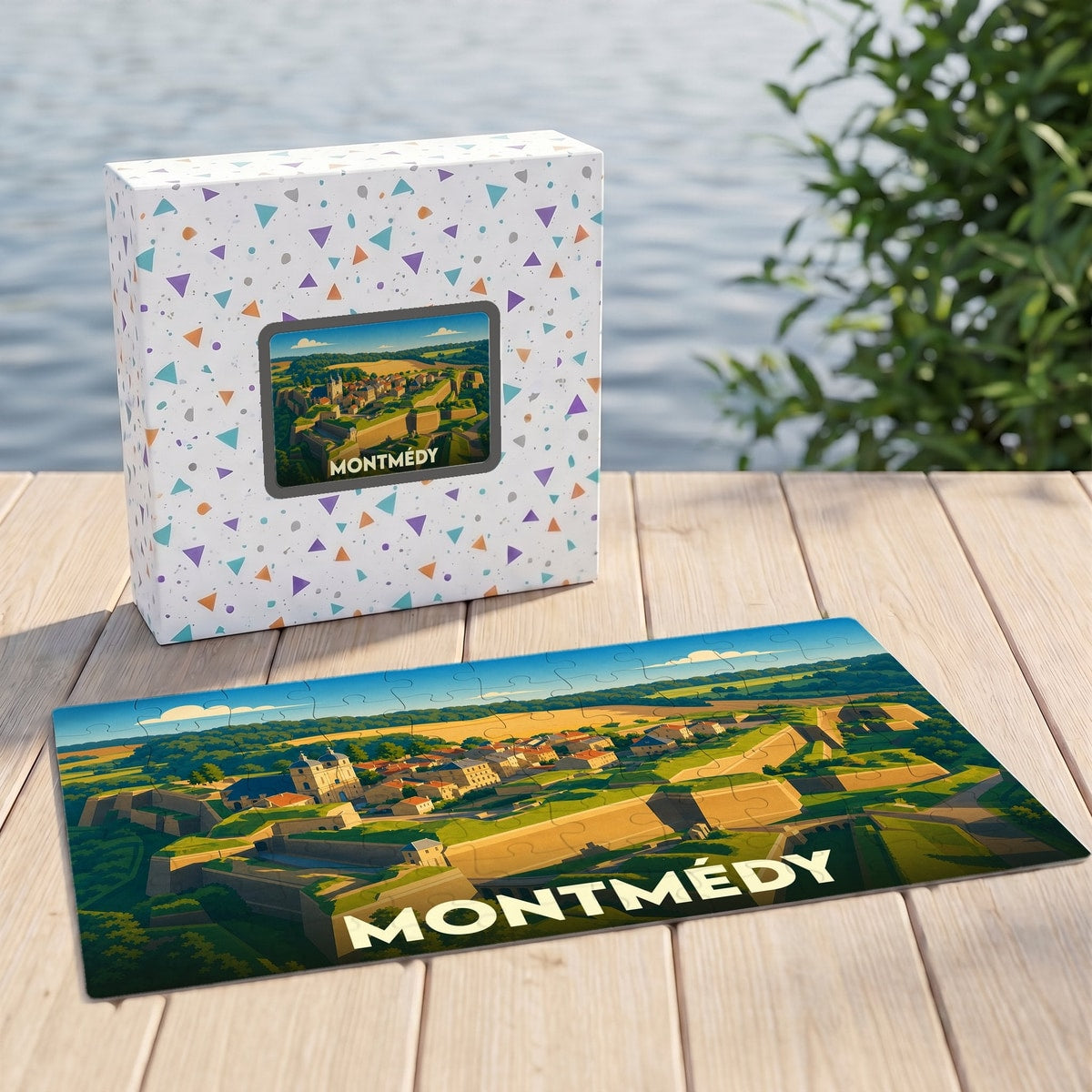 Puzzle souvenir de la ville de Montmédy avec une illustration stylisée et colorée de sa citadelle.
