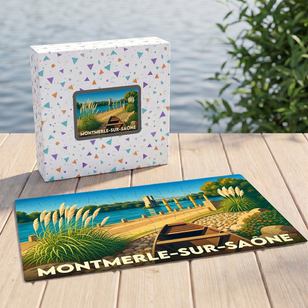 Puzzle souvenir de la ville de Montmerle-sur-Saône avec une illustration stylisée des bords de Saône.