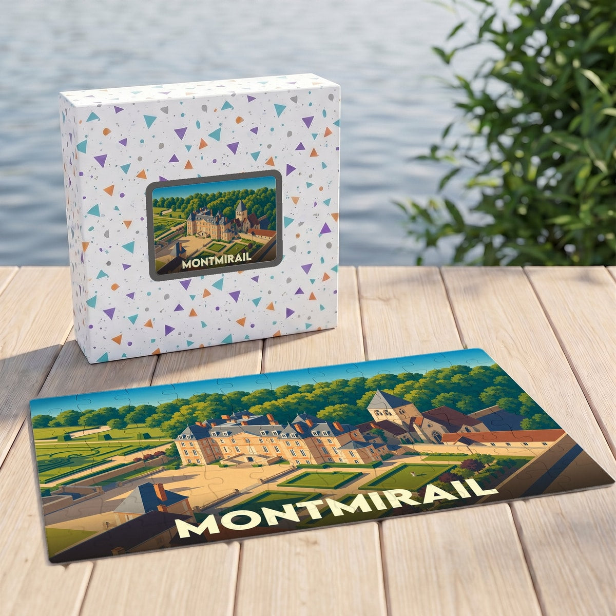 Puzzle souvenir de la ville de Montmirail présentant une illustration stylisée d'un château et de ses jardins.
