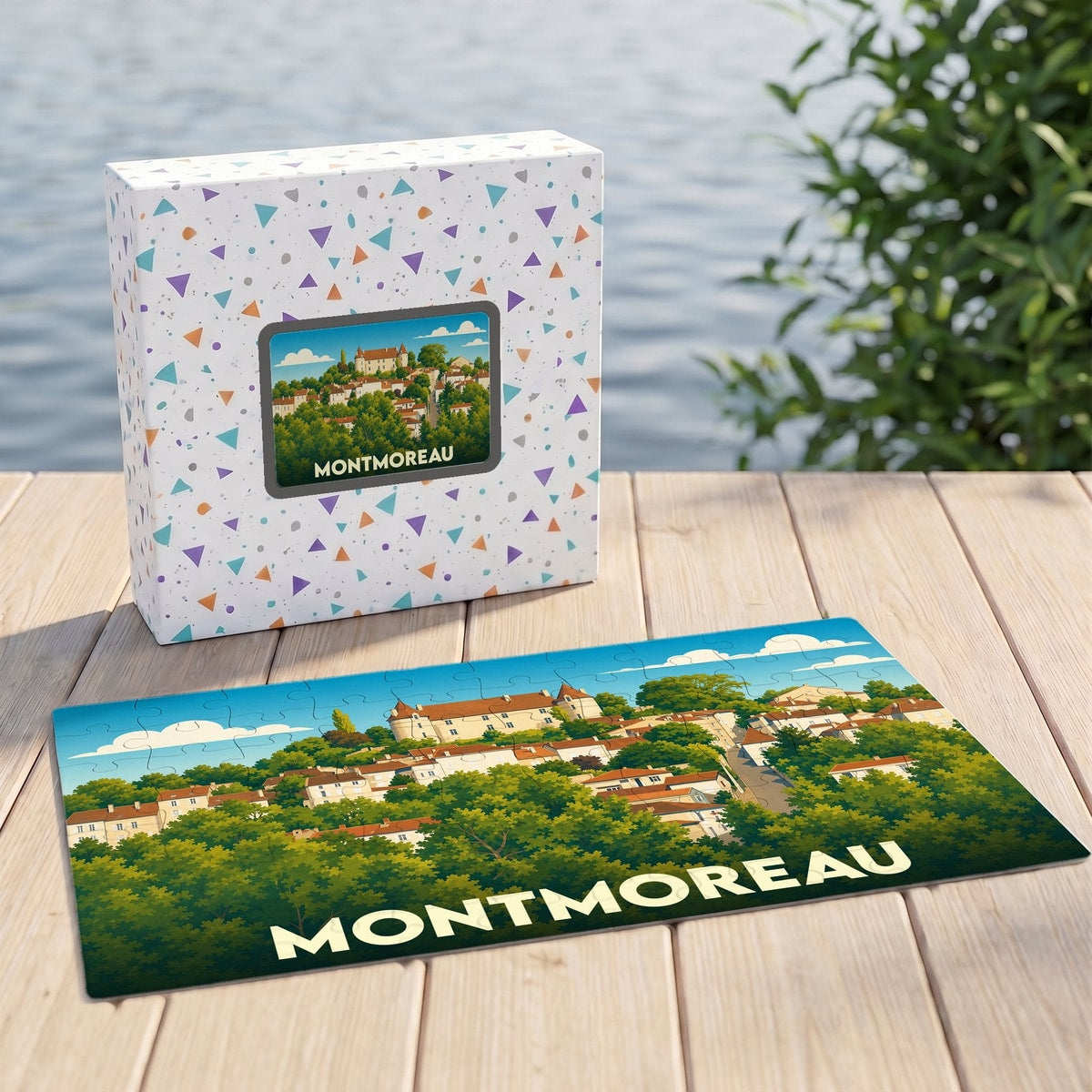 Puzzle souvenir de la ville de Montmoreau avec une illustration stylisée d'un village perché.