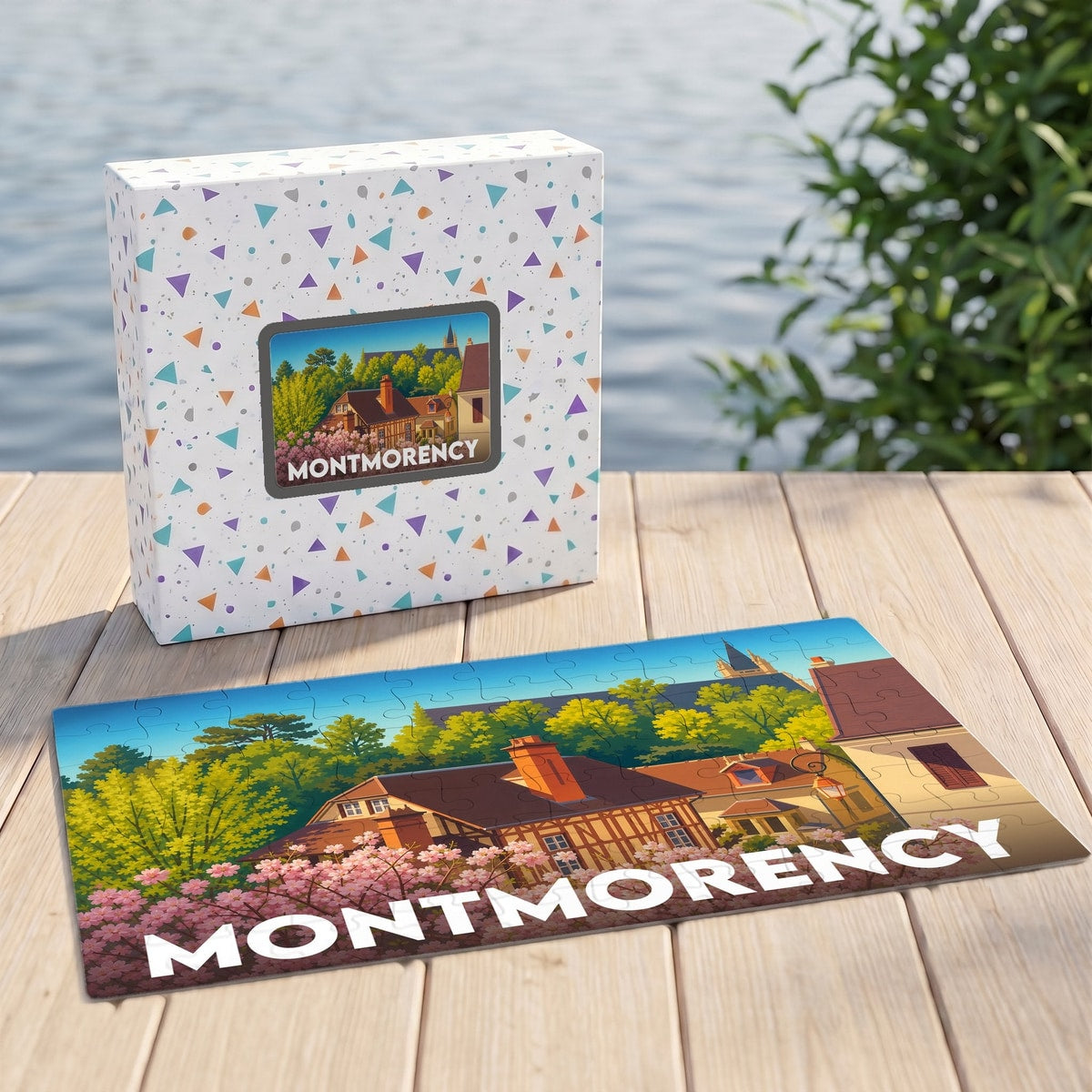 Puzzle souvenir de la ville de Montmorency avec une illustration colorée et stylisée.