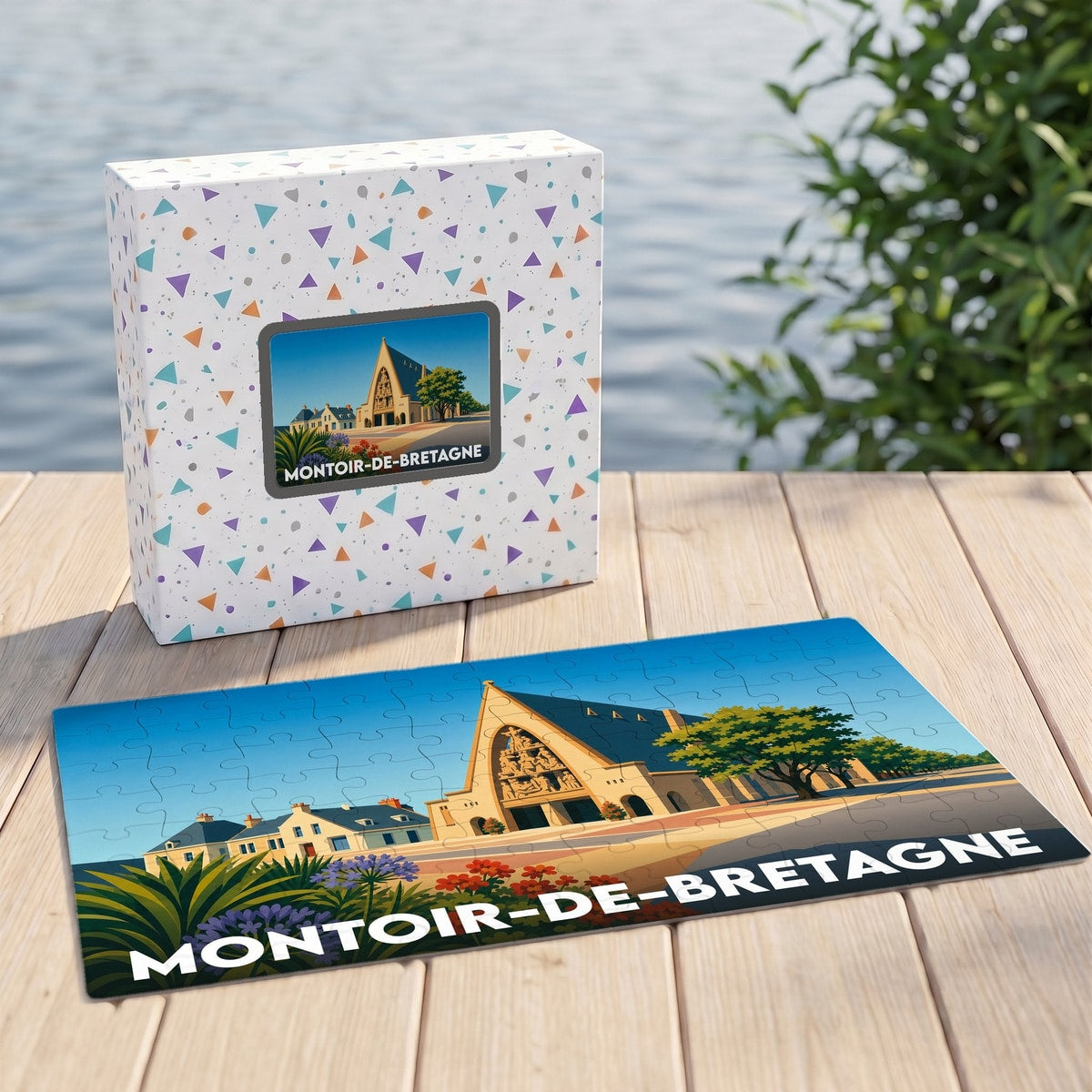 Puzzle souvenir de la ville de Montoir-de-Bretagne avec une illustration stylisée.