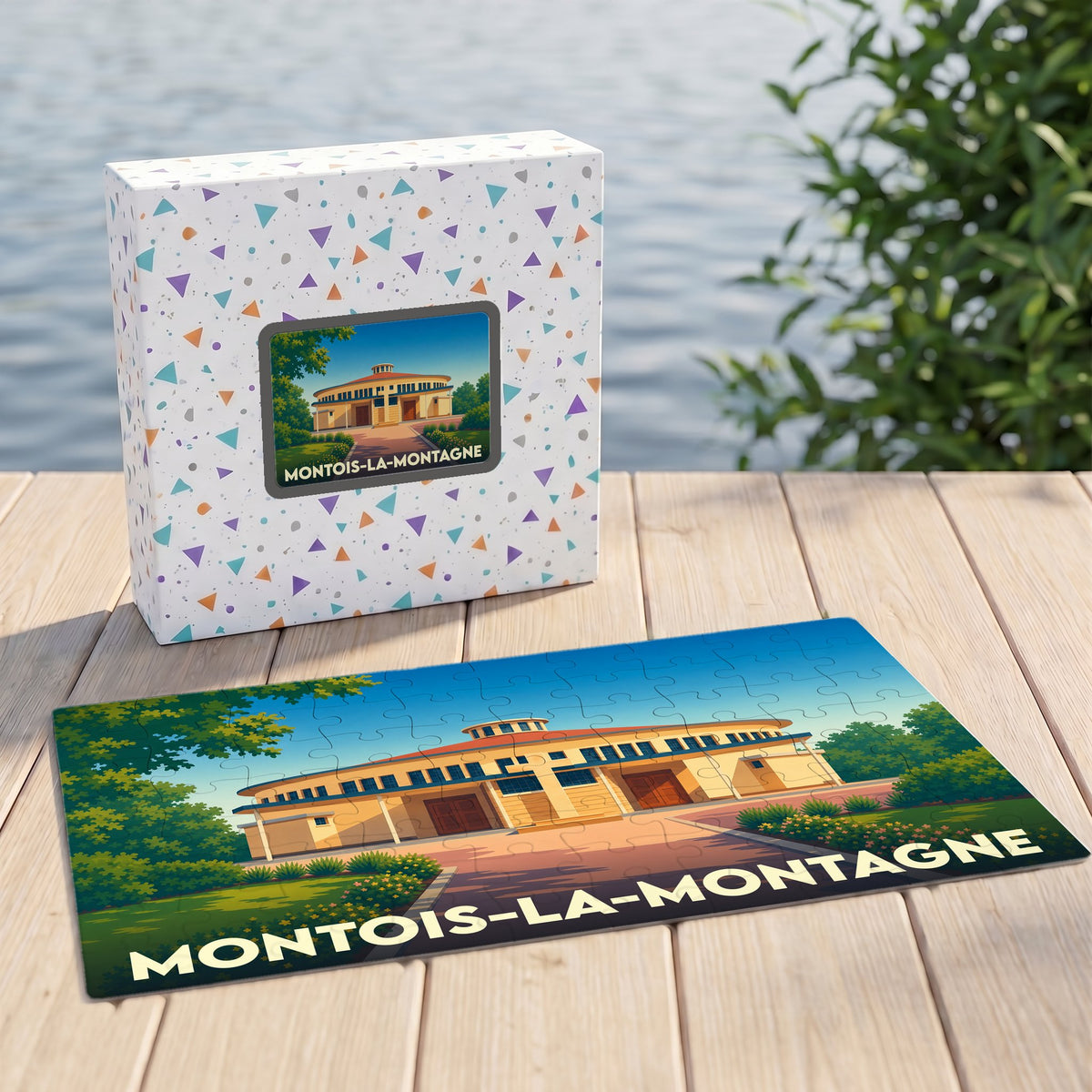 Puzzle souvenir de la ville de Montois-la-Montagne avec une illustration stylisée d'un bâtiment circulaire.