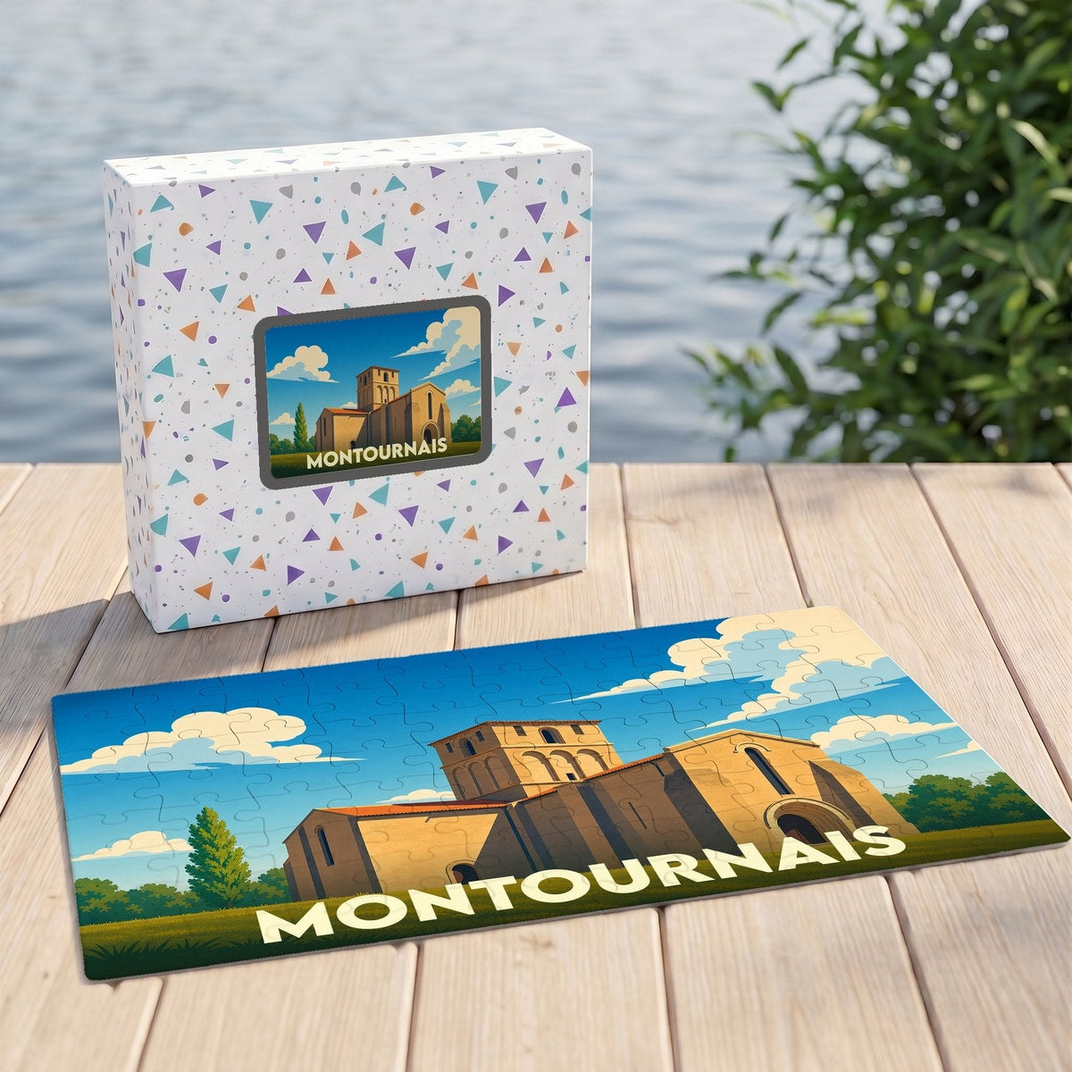 Puzzle souvenir de la ville de Montournais avec une illustration stylisée d'un bâtiment historique.