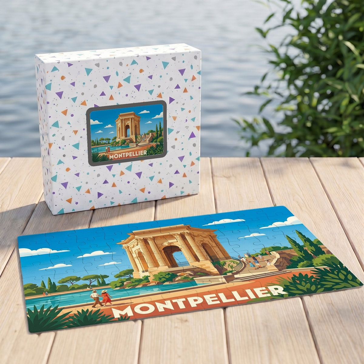 Puzzle souvenir de la ville de Montpellier avec une illustration stylisée de la promenade du Peyrou.