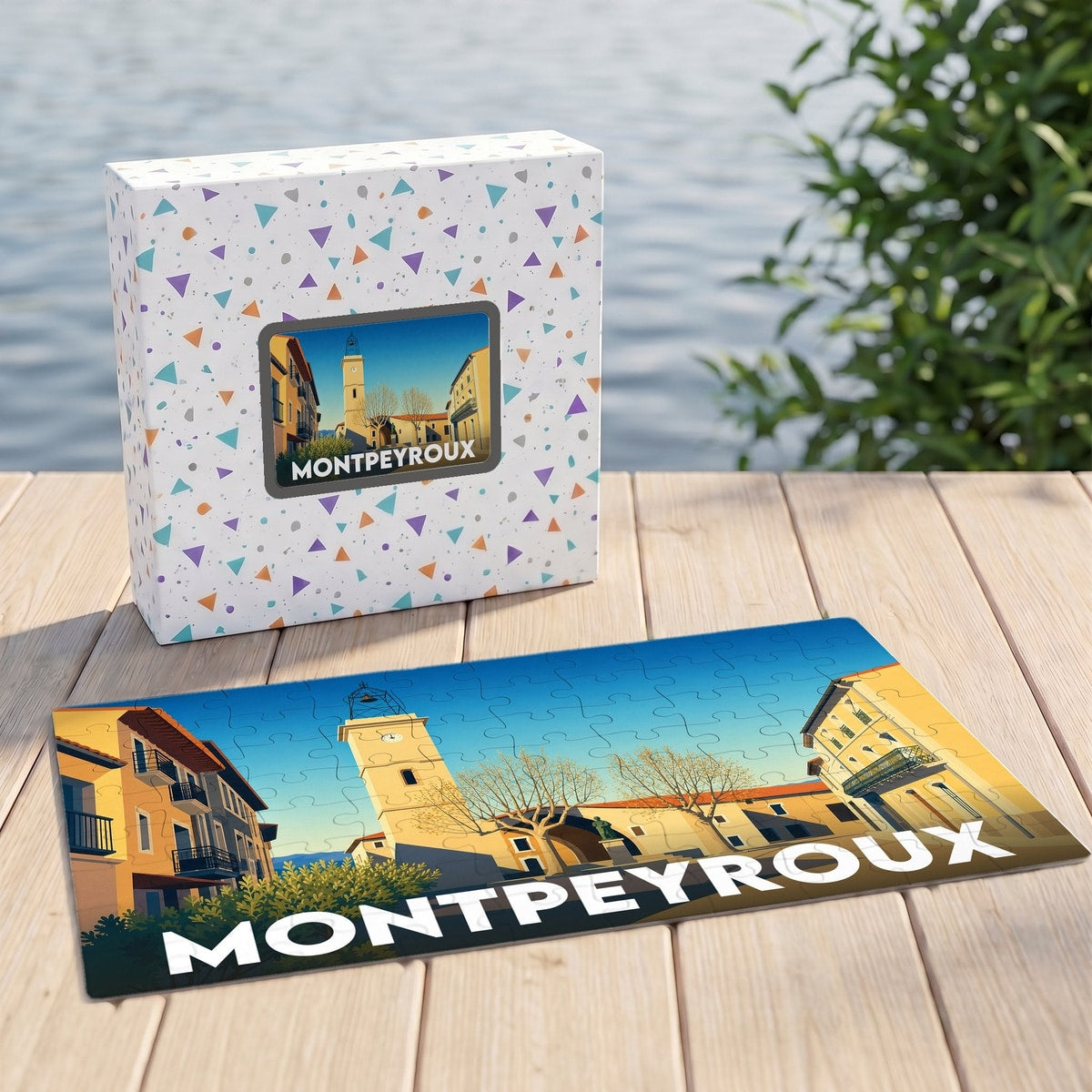 Puzzle souvenir de la ville de Montpeyroux avec une illustration stylisée et colorée.