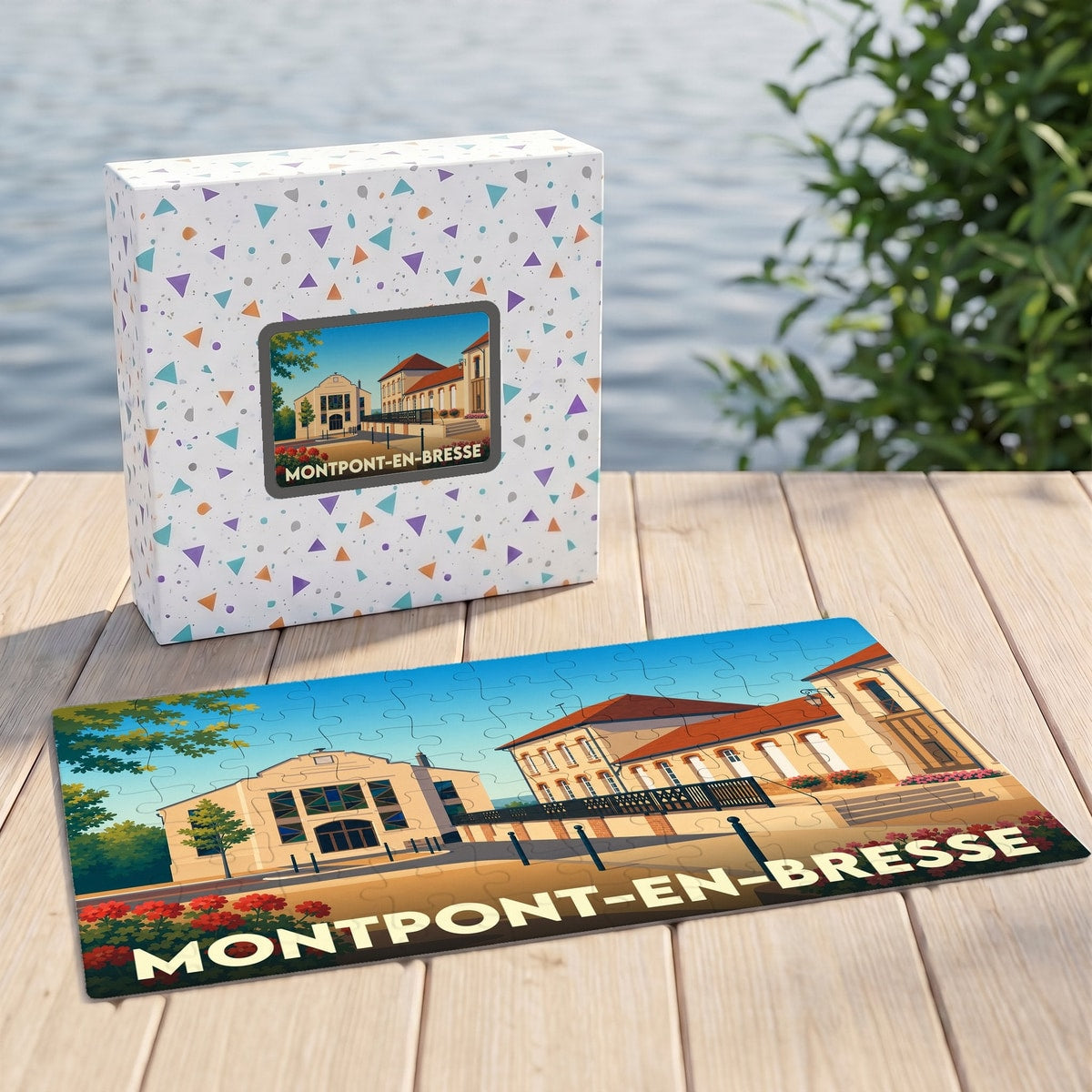 Puzzle souvenir de la ville de Montpont-en-Bresse avec une illustration stylisée de son architecture.