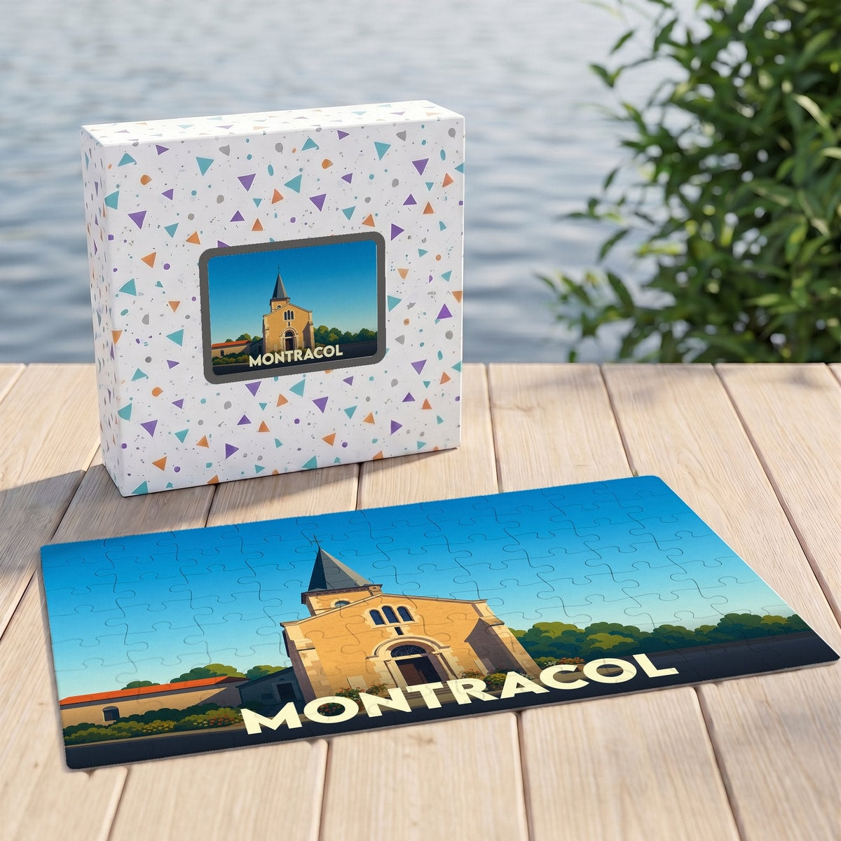 Puzzle souvenir de la ville de Montracol avec une illustration stylisée de son église.