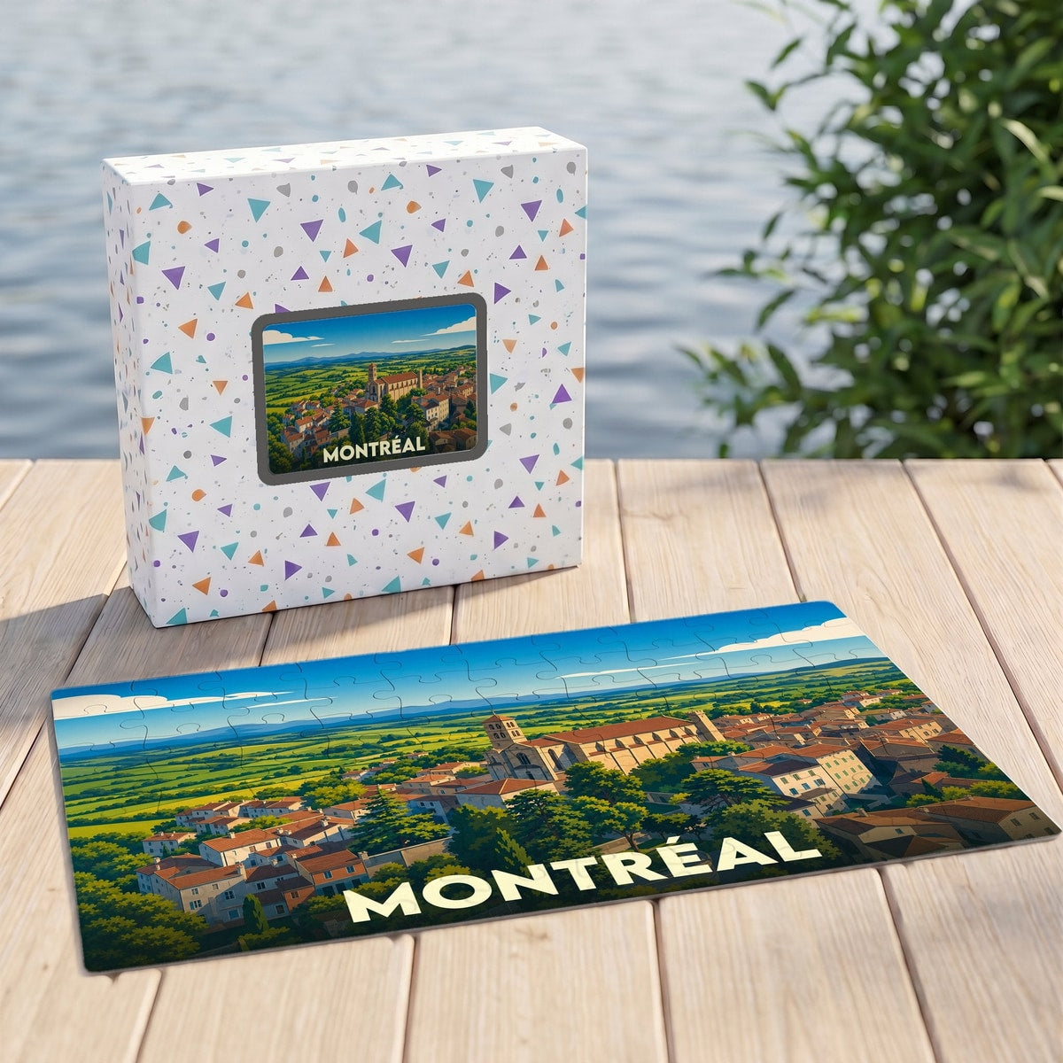 Puzzle souvenir de la ville de Montréal avec une illustration stylisée d'un paysage urbain.