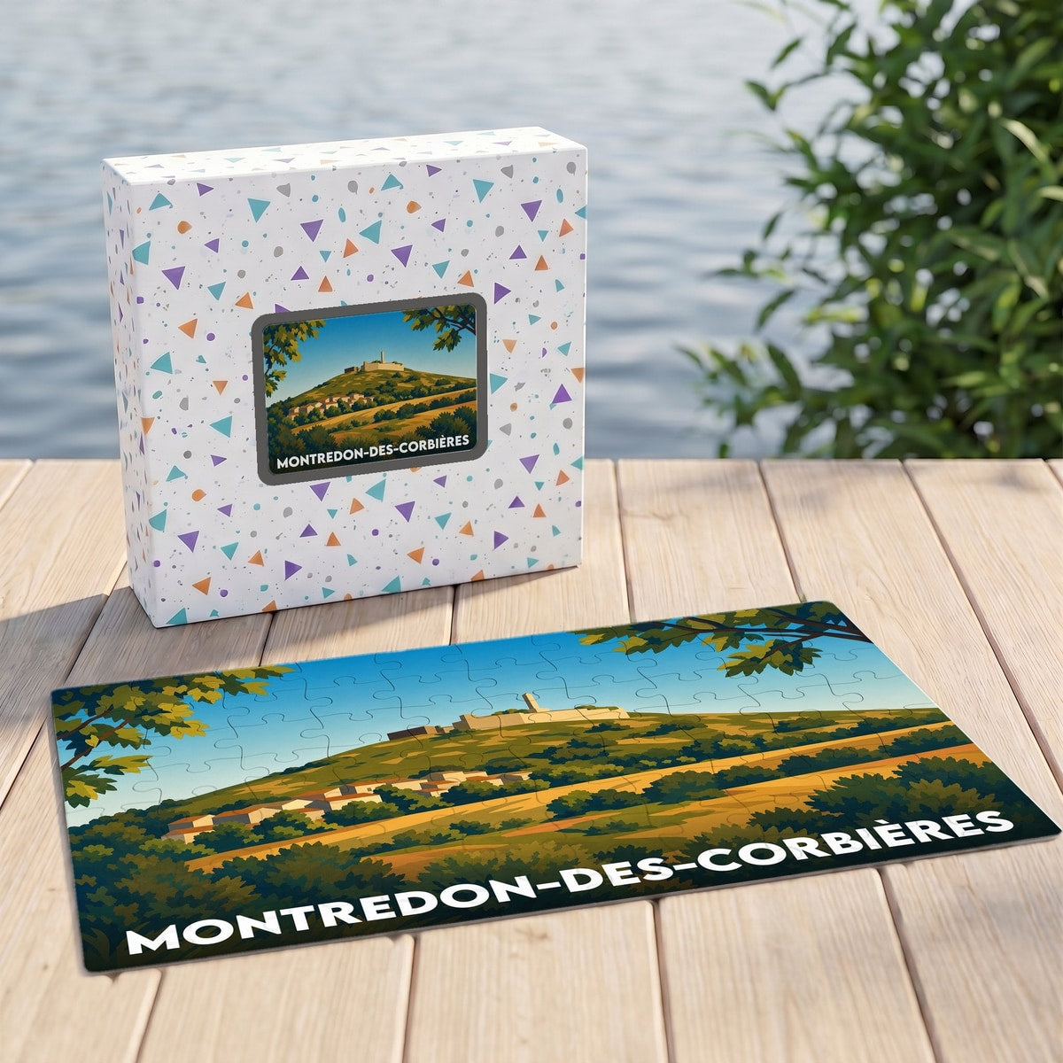 Puzzle souvenir de la ville de Montredon-des-Corbières avec une illustration stylisée d'un paysage collinaire.