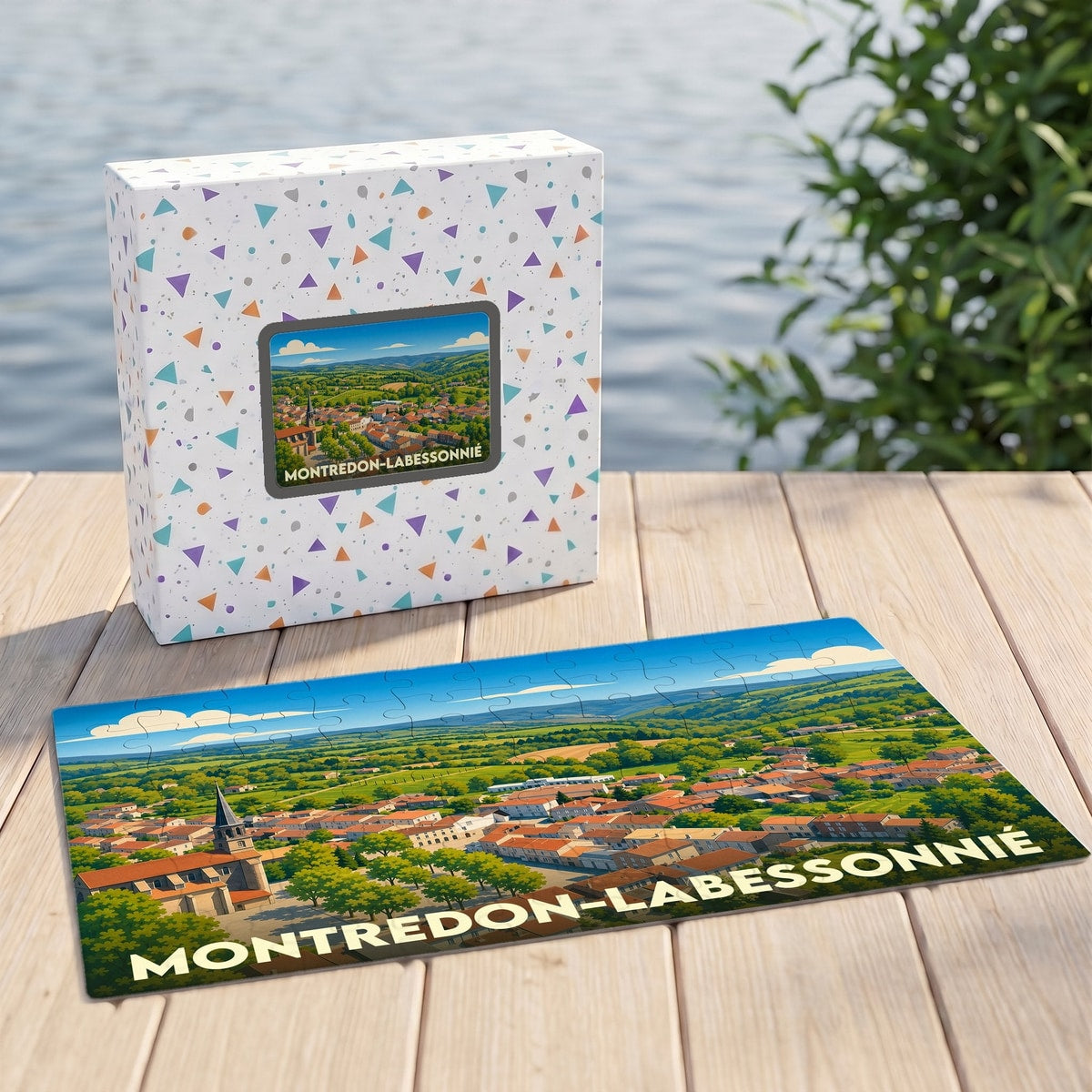 Puzzle souvenir de la ville de Montredon-Labessonnié avec son illustration paysagère stylisée.