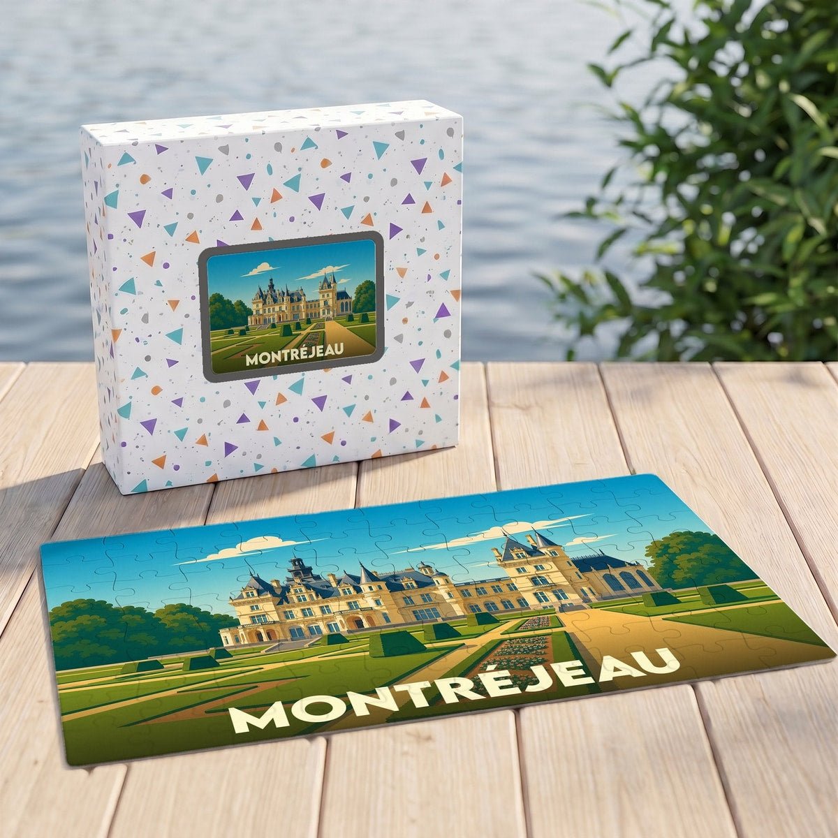 Puzzle souvenir de la ville de Montréjeau avec une illustration stylisée de son château.