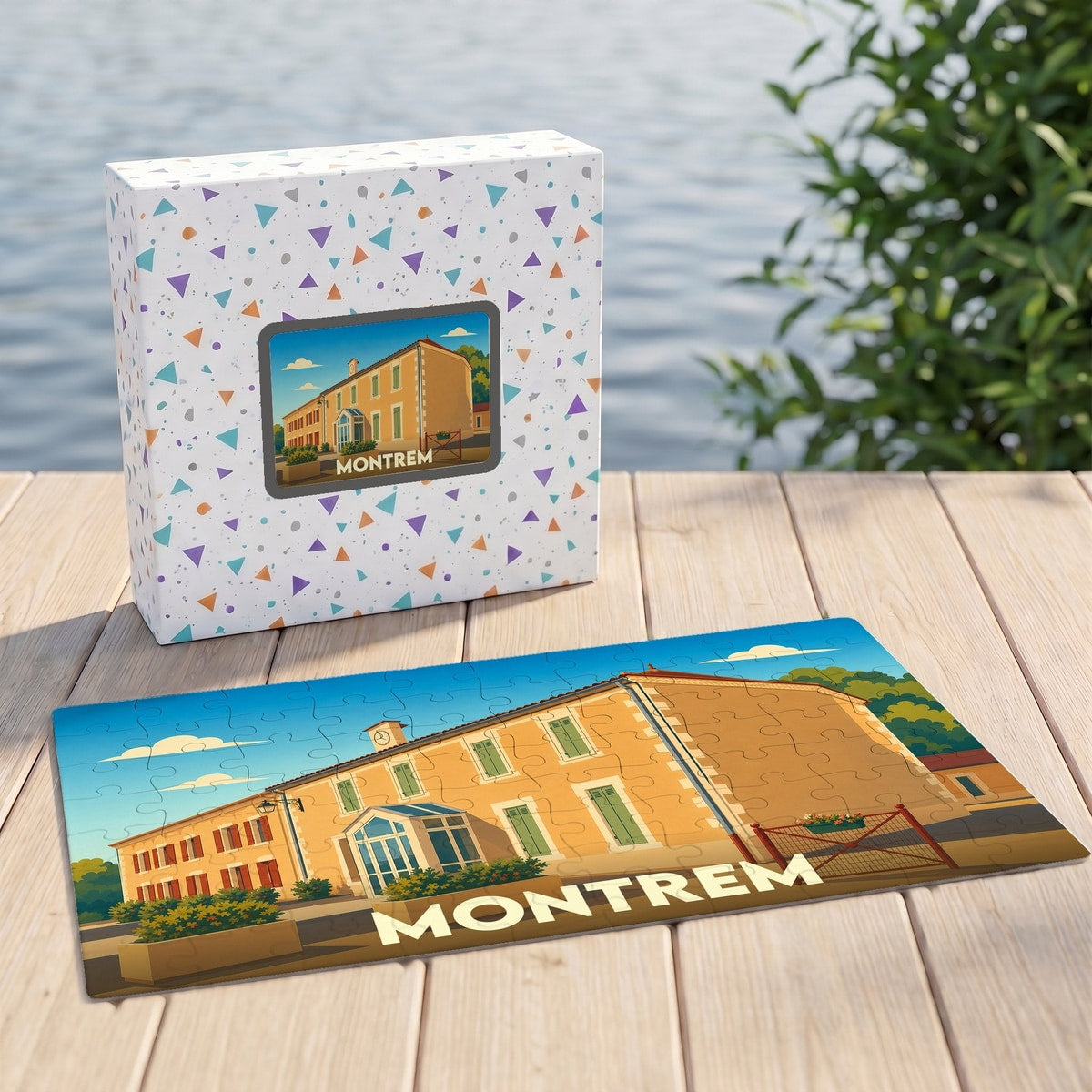 Puzzle souvenir de la ville de Montrem avec une illustration stylisée d'un bâtiment ensoleillé.