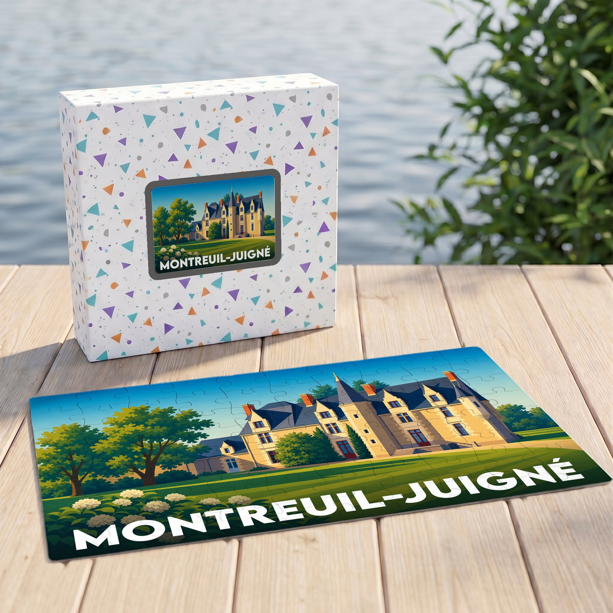 Puzzle souvenir de la ville de Montreuil-Juigné avec une illustration stylisée d'un château.