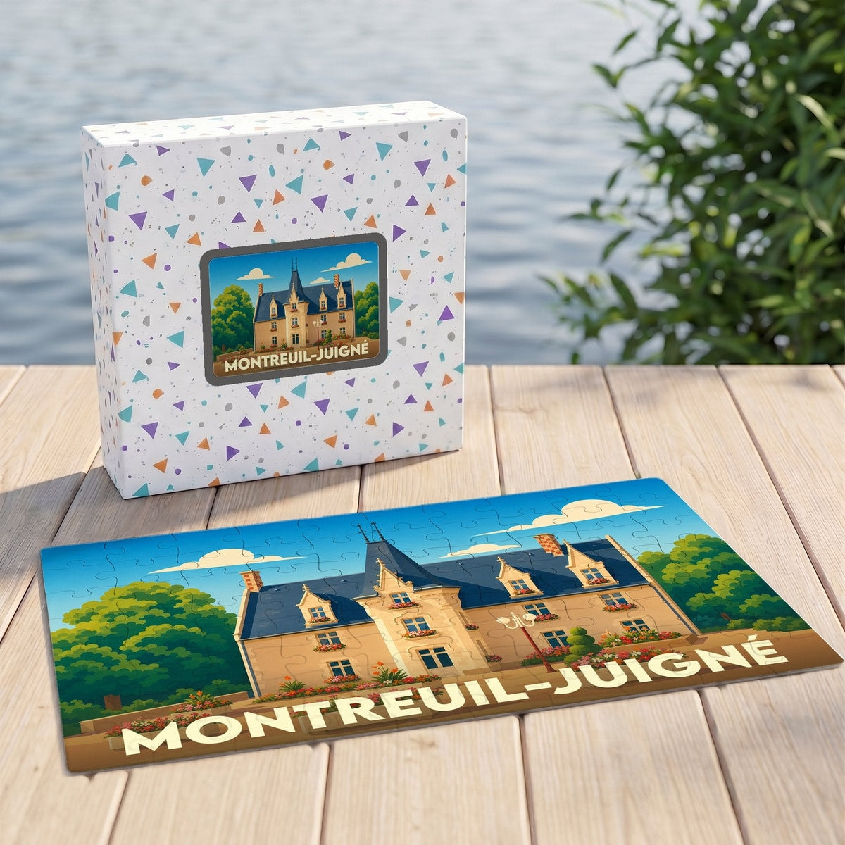 Puzzle souvenir de la ville de Montreuil-Juigné avec une illustration stylisée d'un château.
