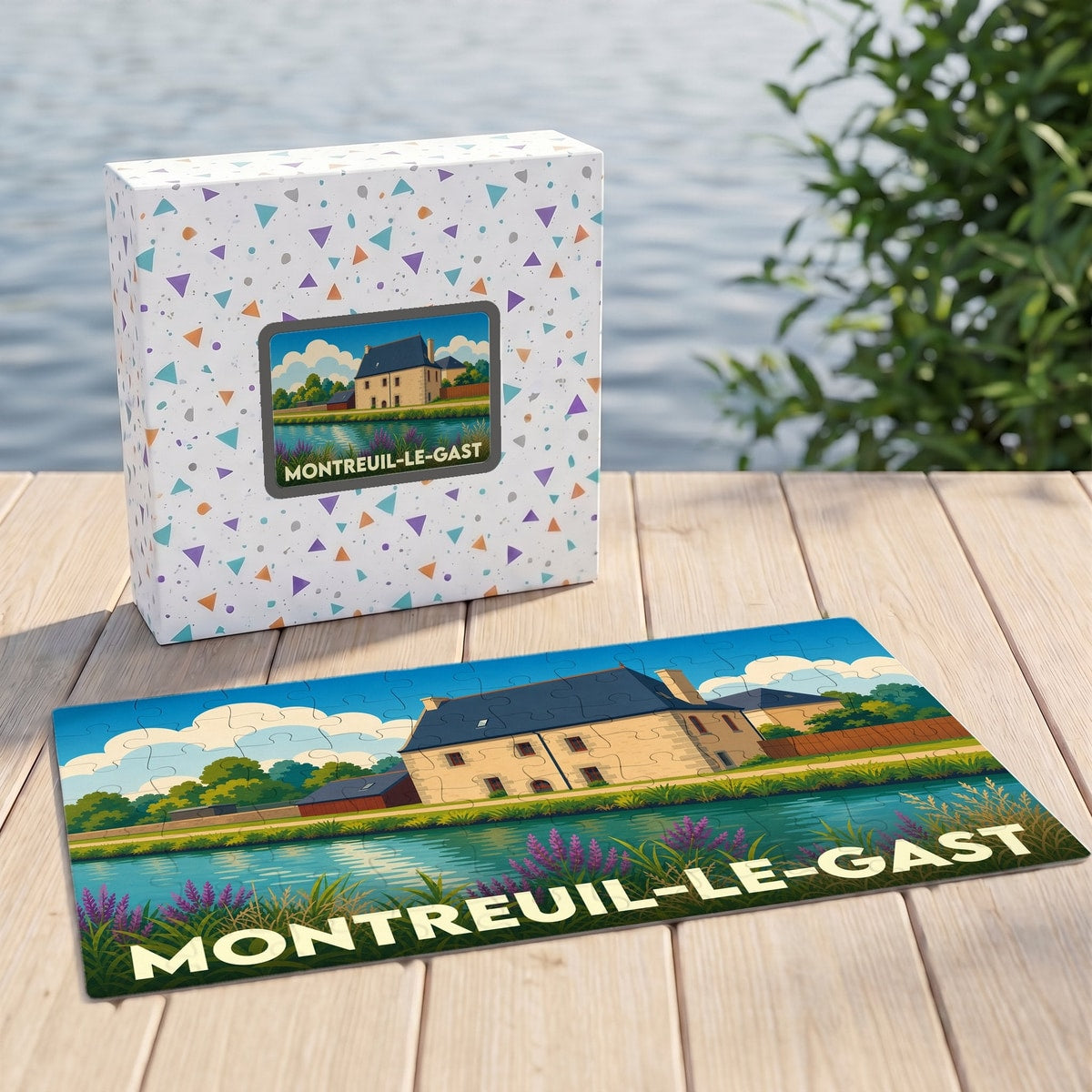 Puzzle souvenir de la ville de Montreuil-le-Gast avec une illustration stylisée d'une maison au bord de l'eau.