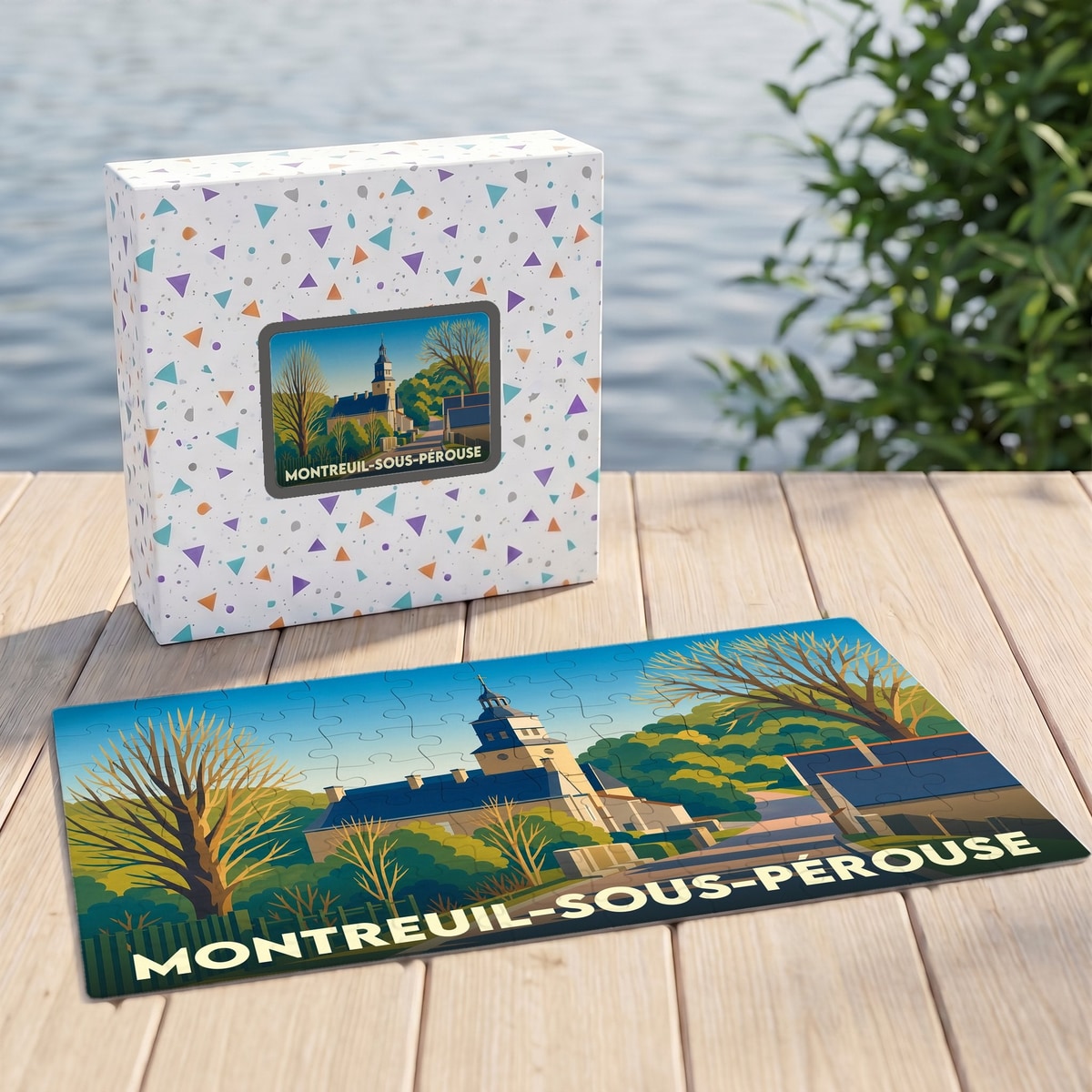 Puzzle souvenir de la ville de Montreuil-sous-Pérouse avec une illustration stylisée et colorée.